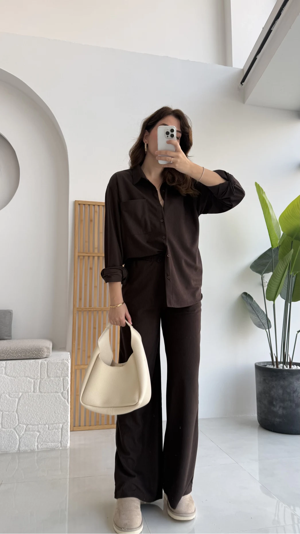 Paloma Fitilli Gömlek Pantolon Takım - Kahverengi - KOD:6033