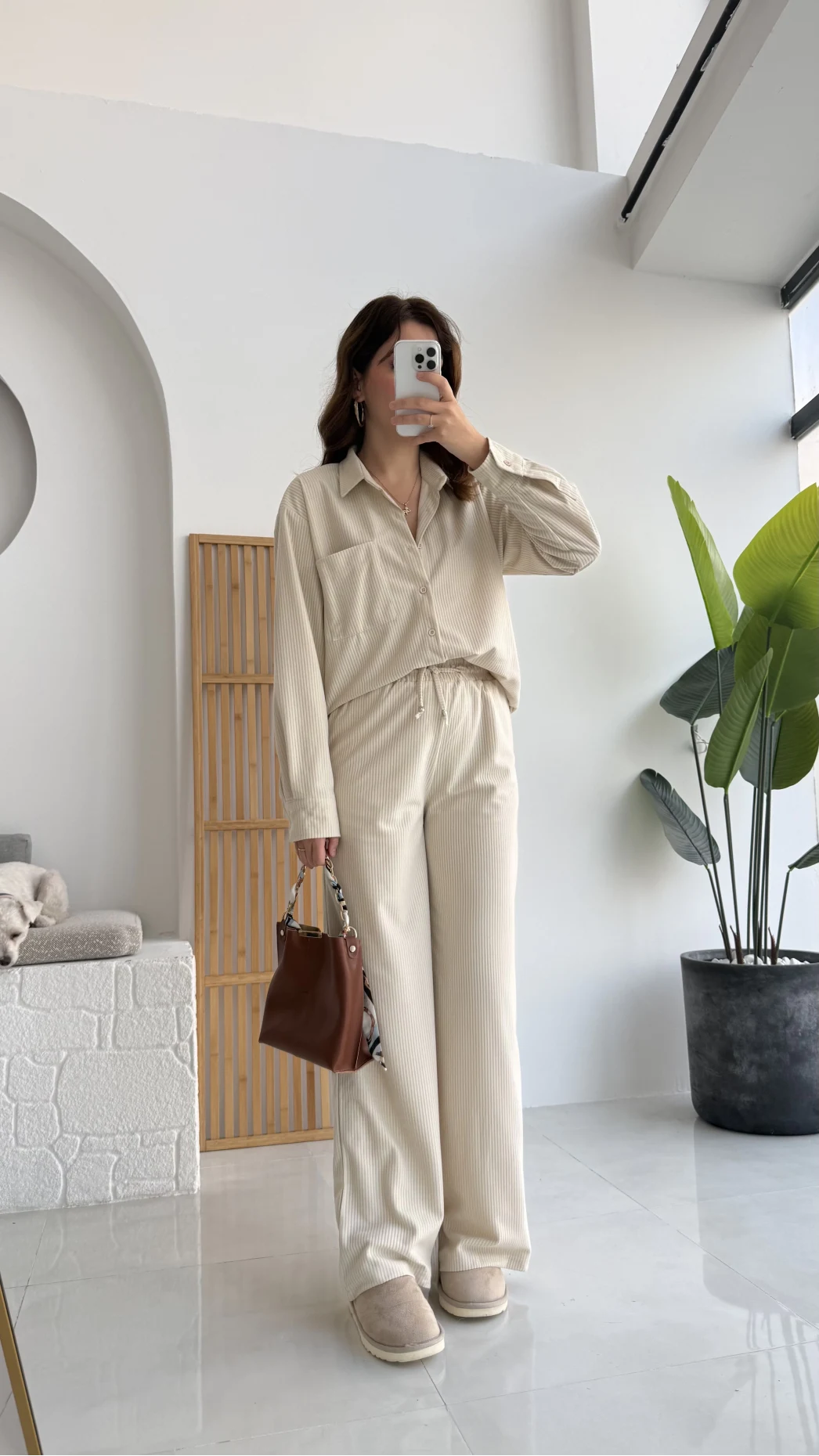 Paloma Fitilli Gömlek Pantolon Takım - Krem - KOD:6033