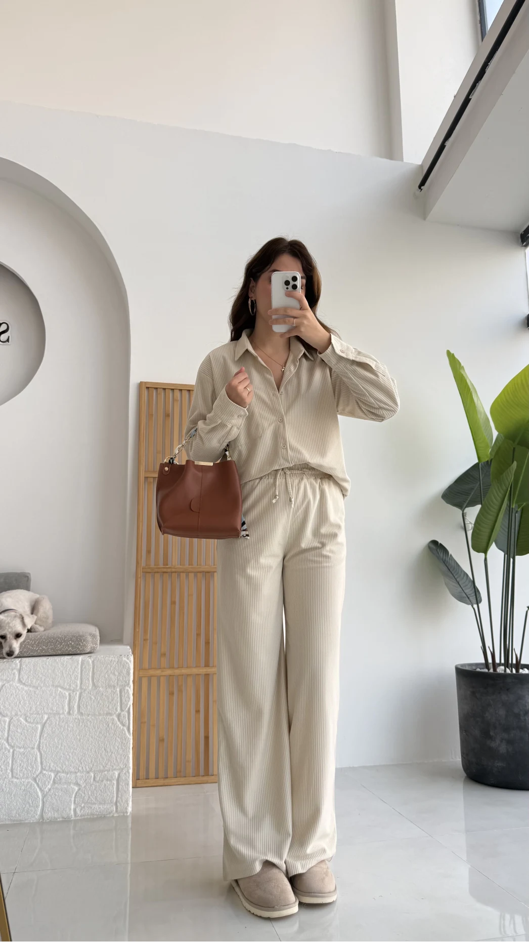 Paloma Fitilli Gömlek Pantolon Takım - Krem - KOD:6033