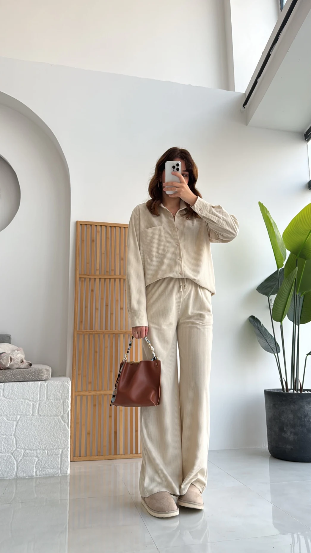 Paloma Fitilli Gömlek Pantolon Takım - Krem - KOD:6033