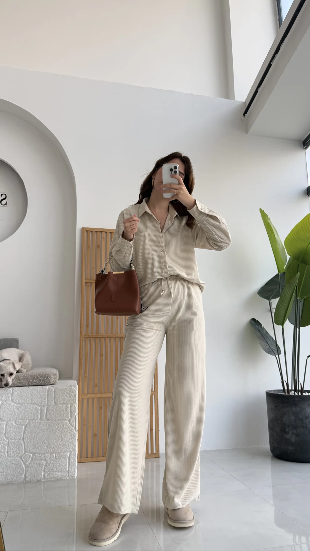 Paloma Fitilli Gömlek Pantolon Takım - Krem - KOD:6033