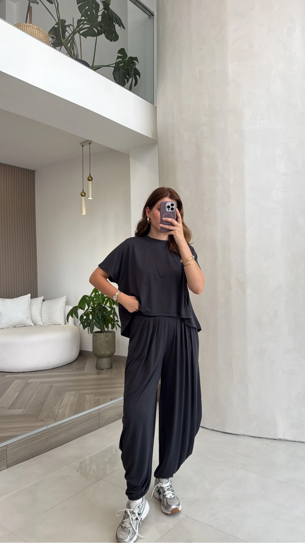 Pamuk Kumaş T-shirt Pantolon Takım - Füme - Kod: 51149