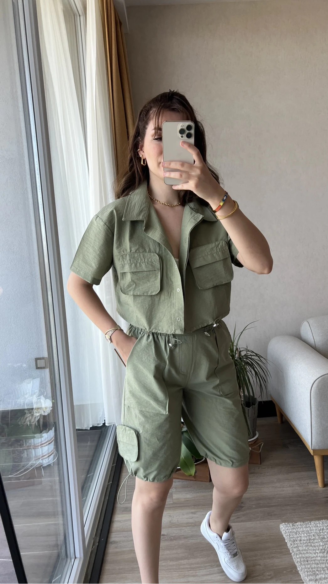 Paraşüt Kumaş Haki Şortlu Gömlek Takım