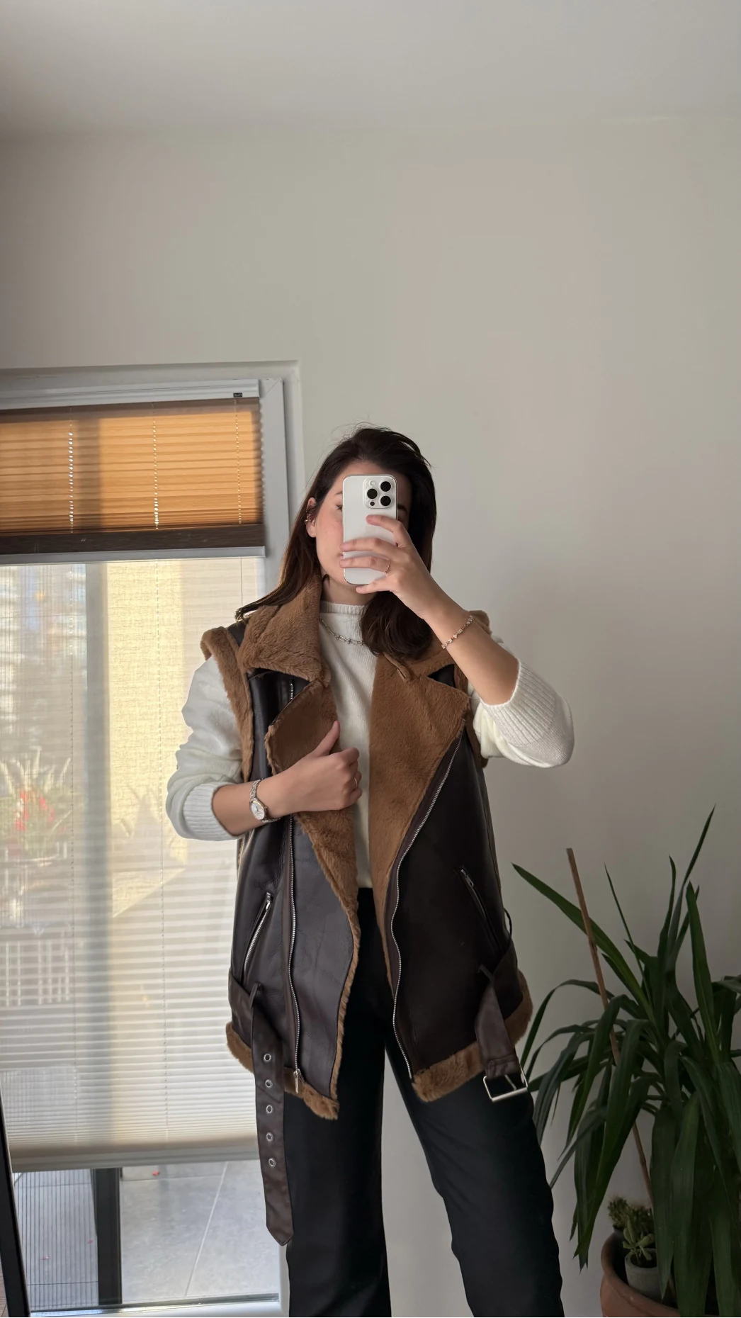 Patrice Biker Kürklü Deri Yelek Acı Kahve