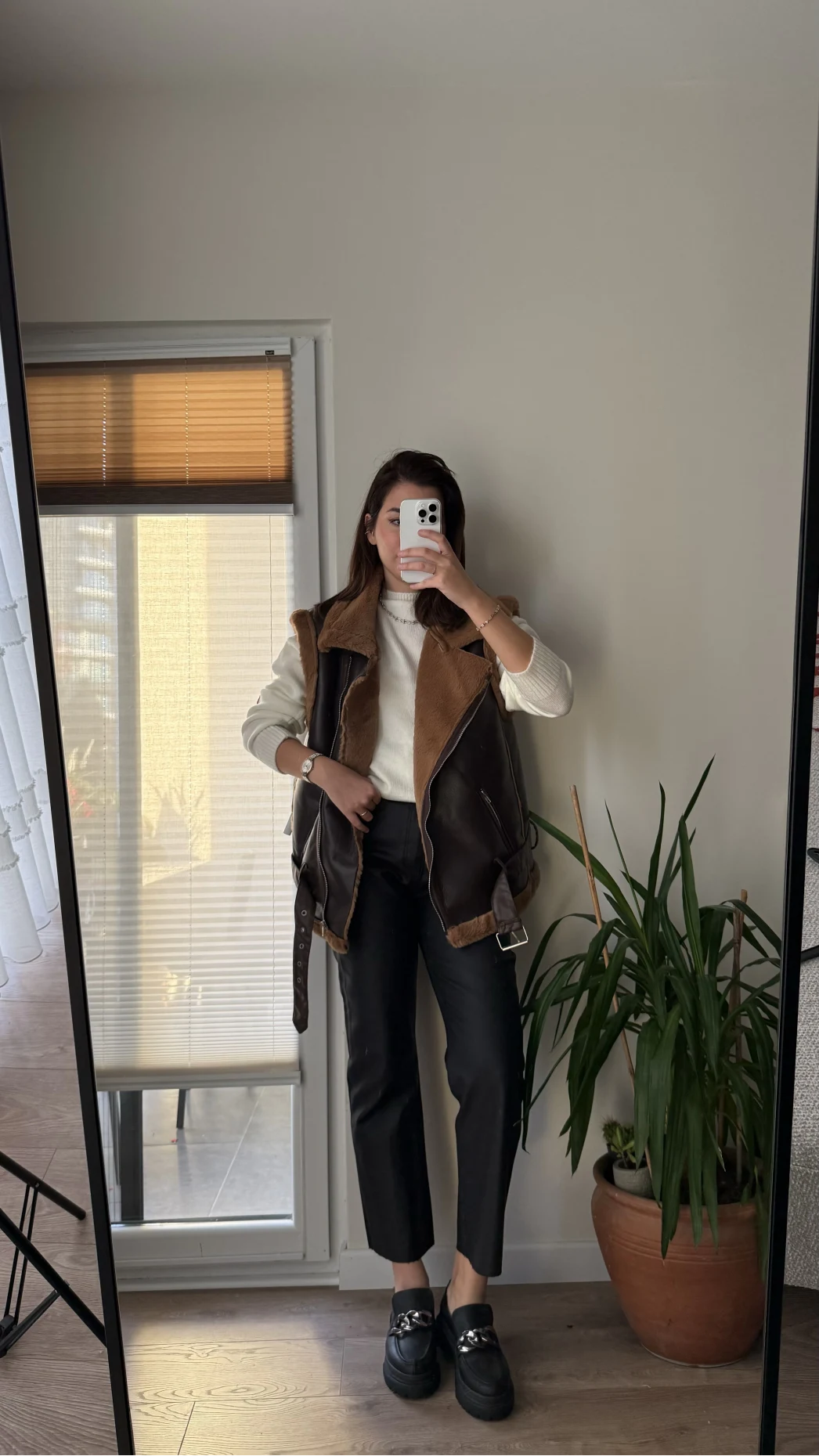 Patrice Biker Kürklü Deri Yelek Acı Kahve