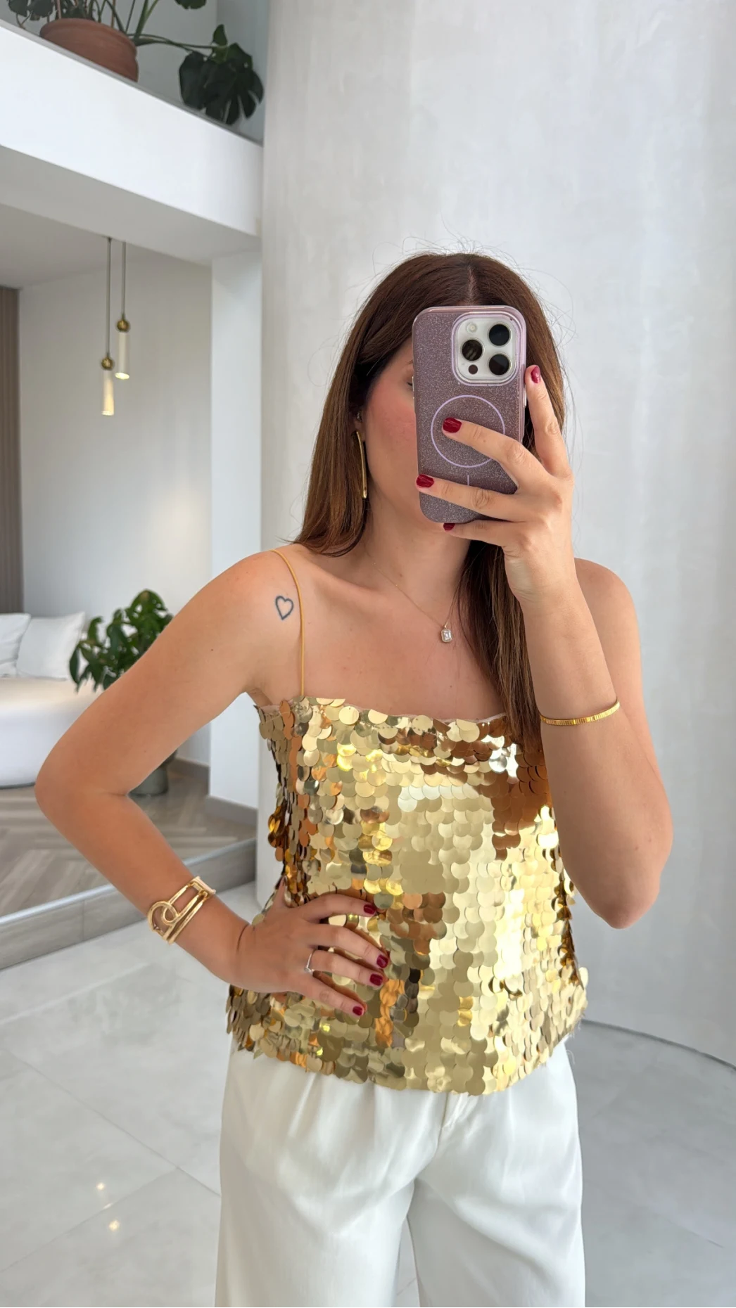 Payetli İp Askılı Bluz - Gold - Kod: 071950