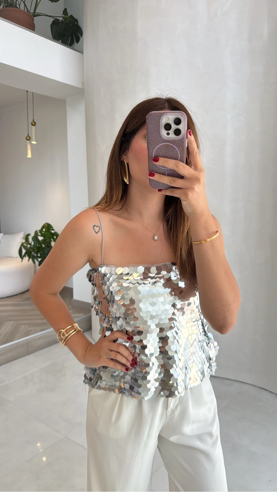 Payetli İp Askılı Bluz - Gümüş - Kod: 071950