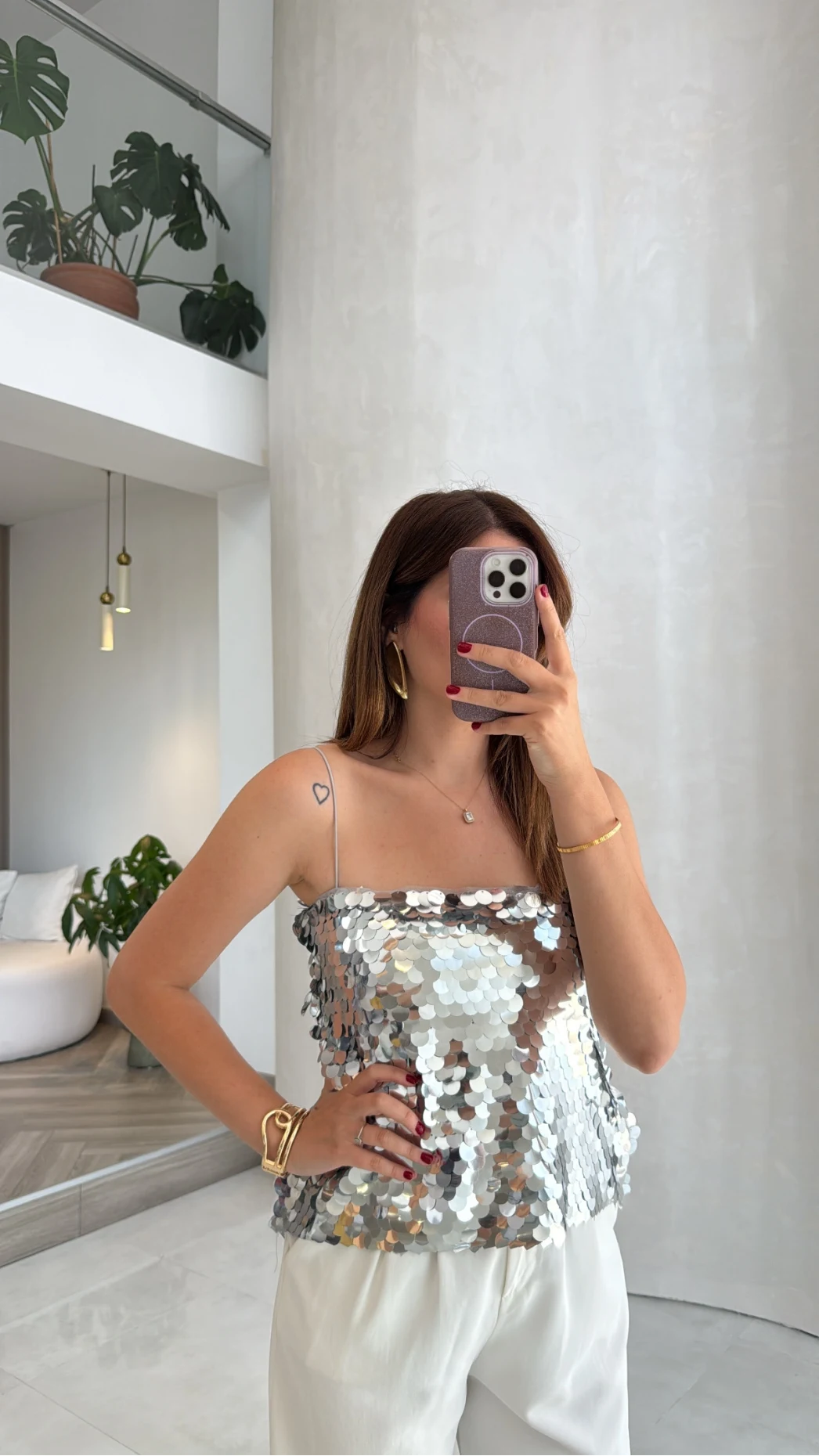 Payetli İp Askılı Bluz - Gümüş - Kod: 071950