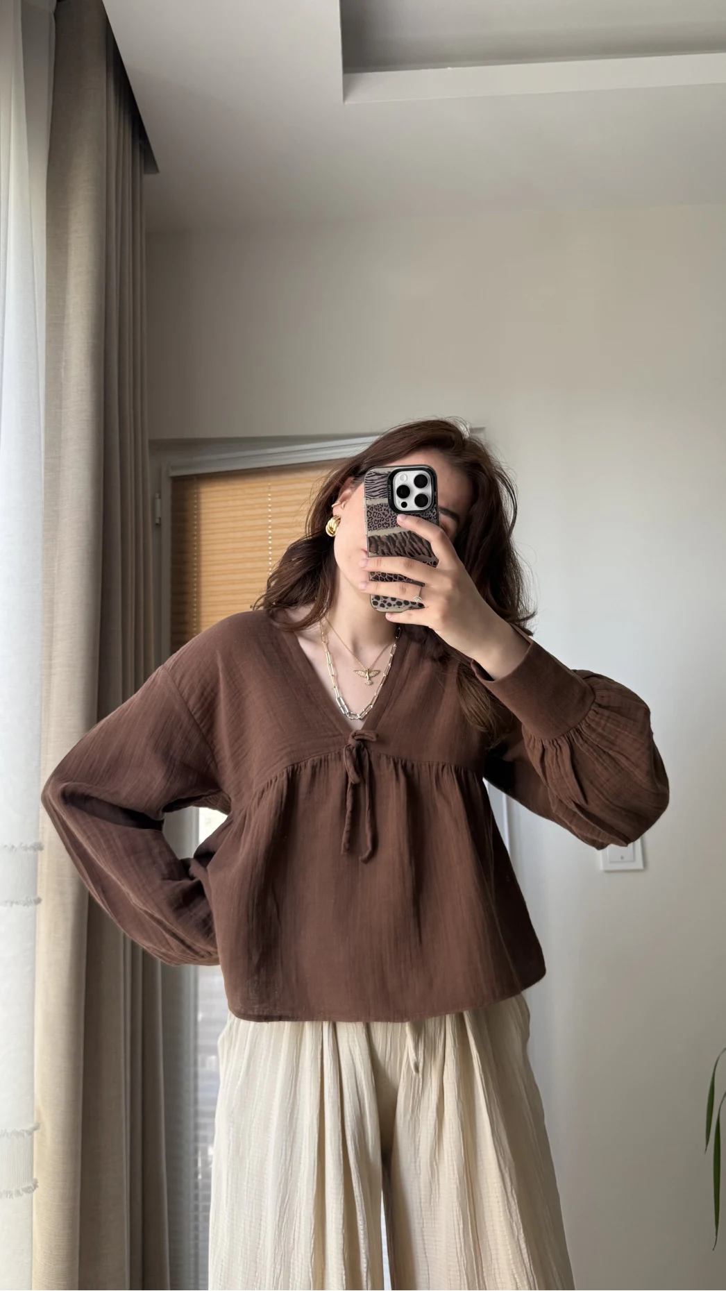 Payme Müslin Kumaş Bluz Acı Kahve