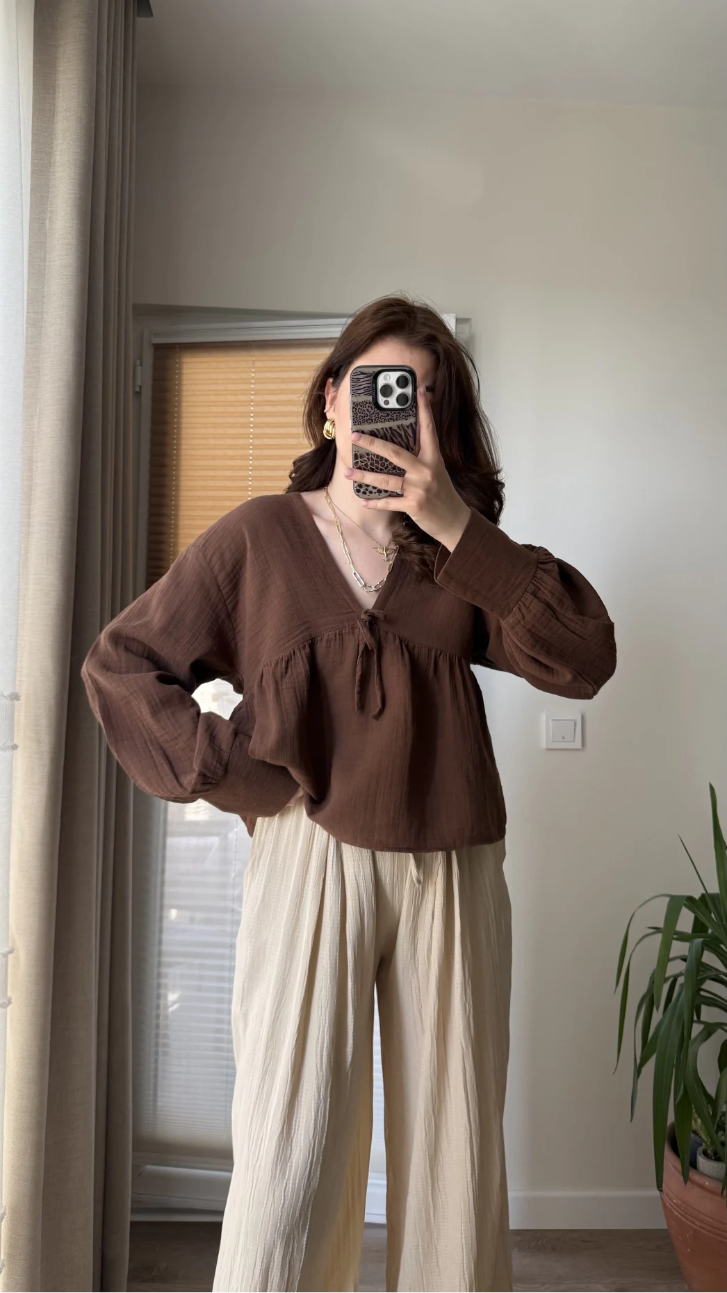 Payme Müslin Kumaş Bluz Acı Kahve