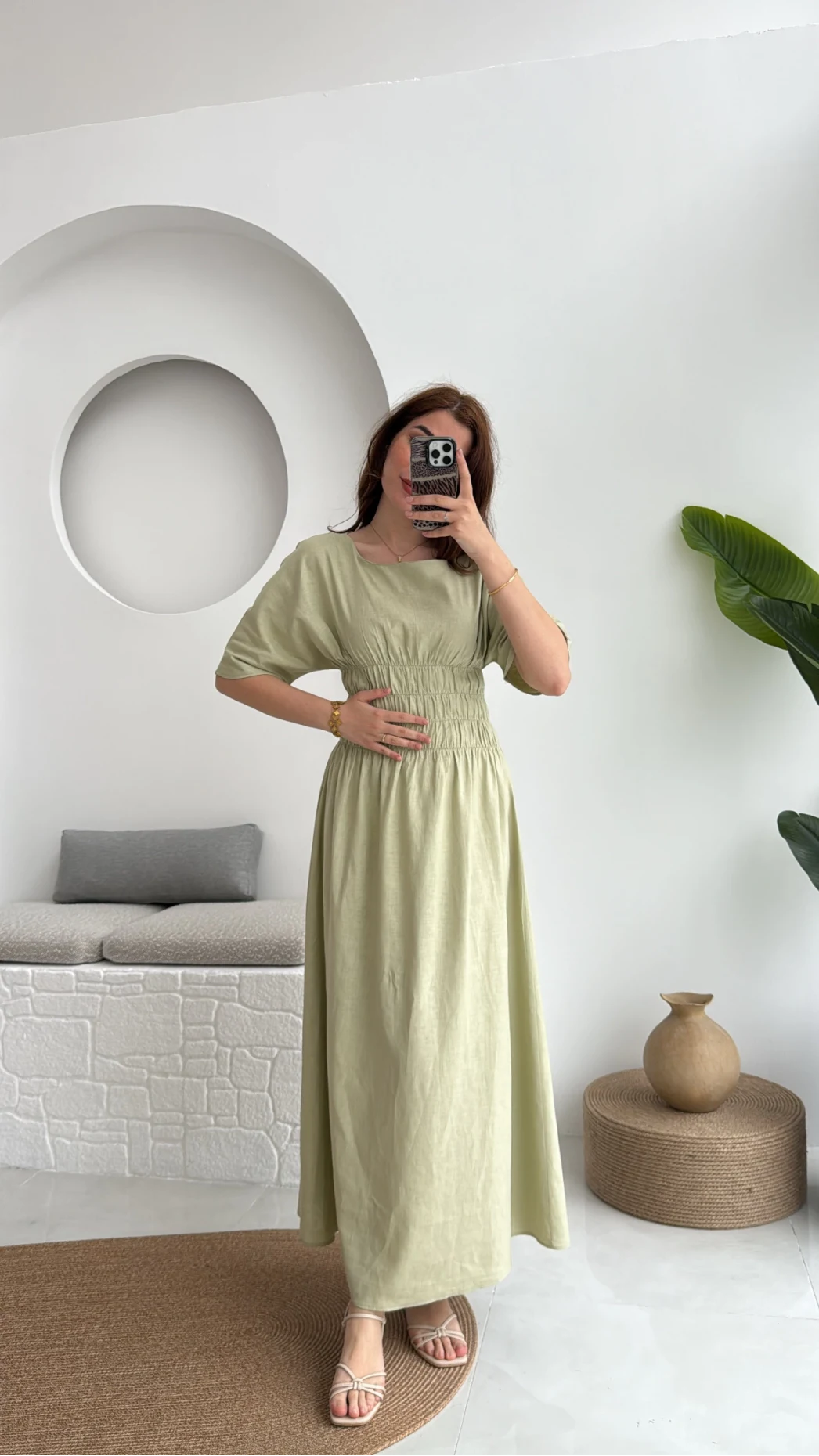 Peaches Keten Elbise - Haki