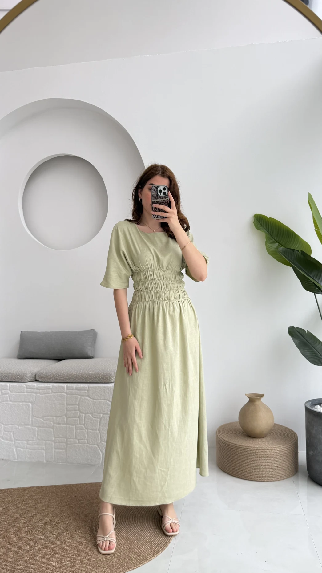 Peaches Keten Elbise - Haki