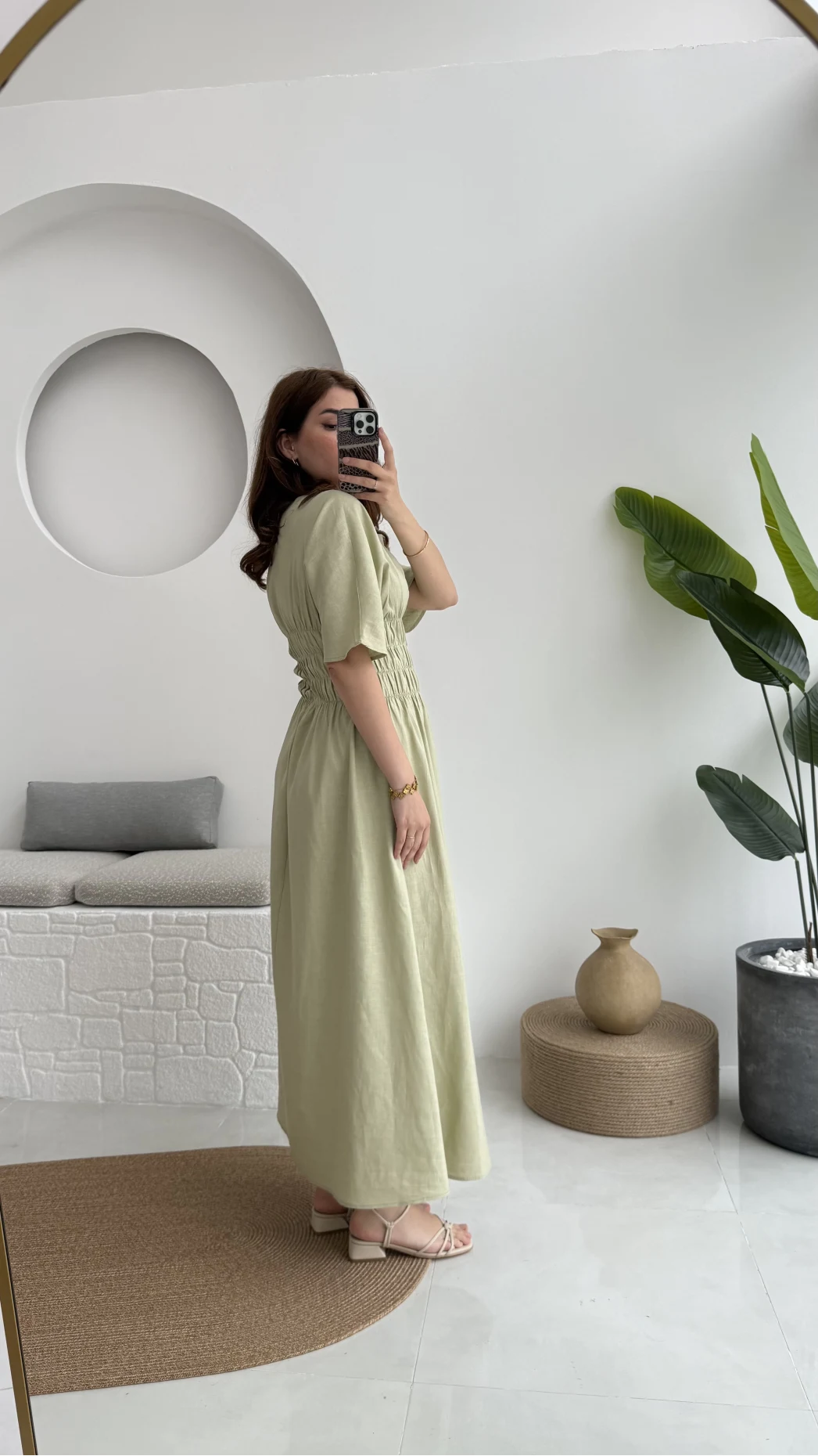 Peaches Keten Elbise - Haki