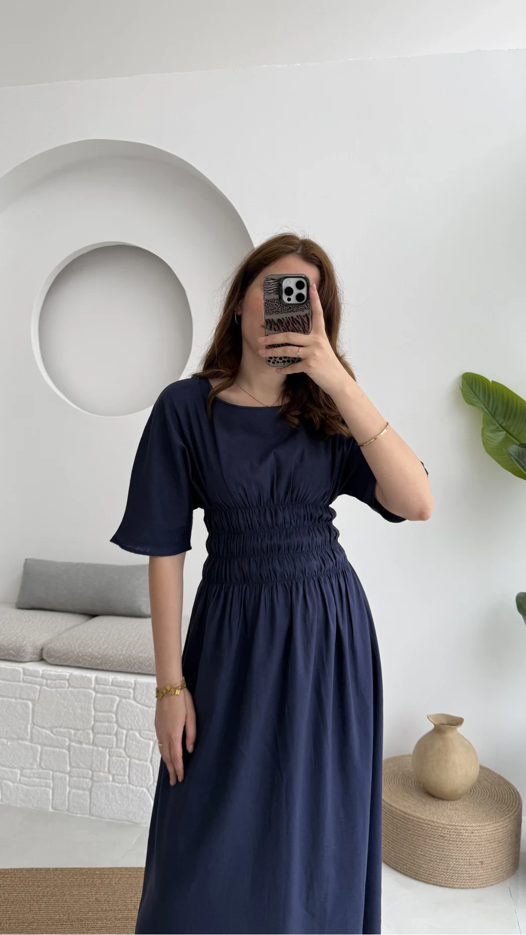 Peaches Keten Elbise - Lacivert