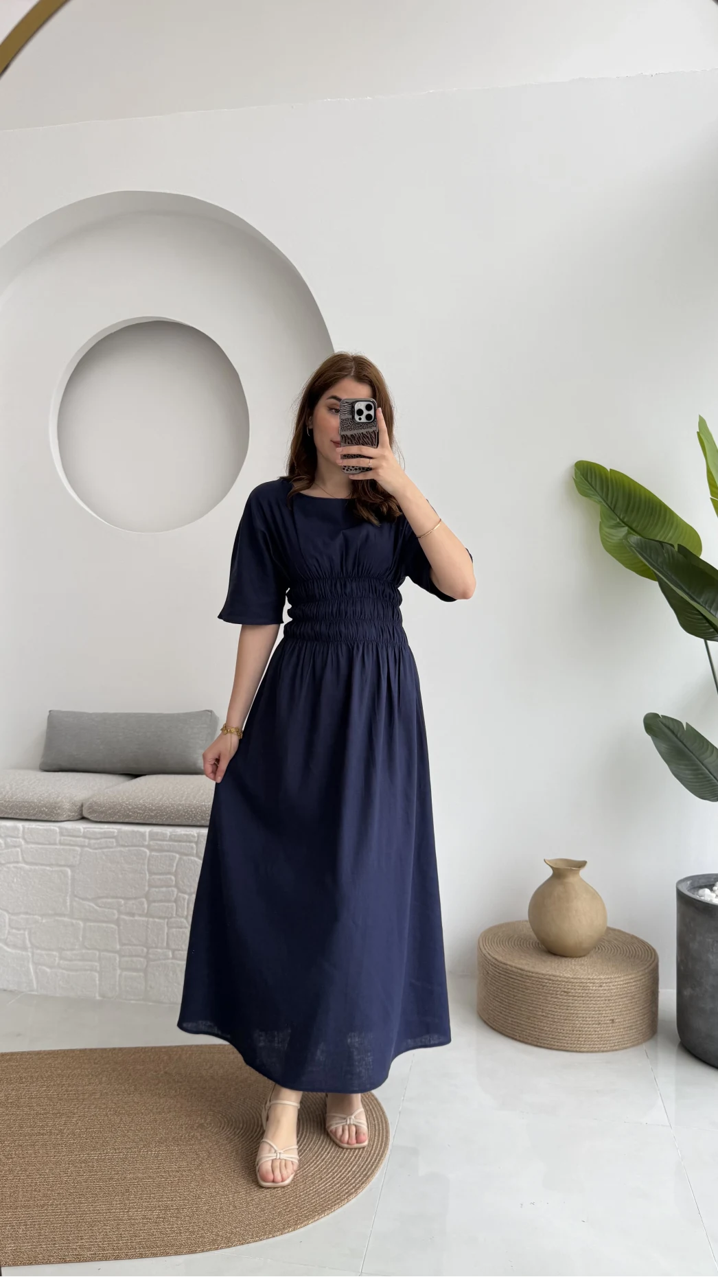 Peaches Keten Elbise - Lacivert