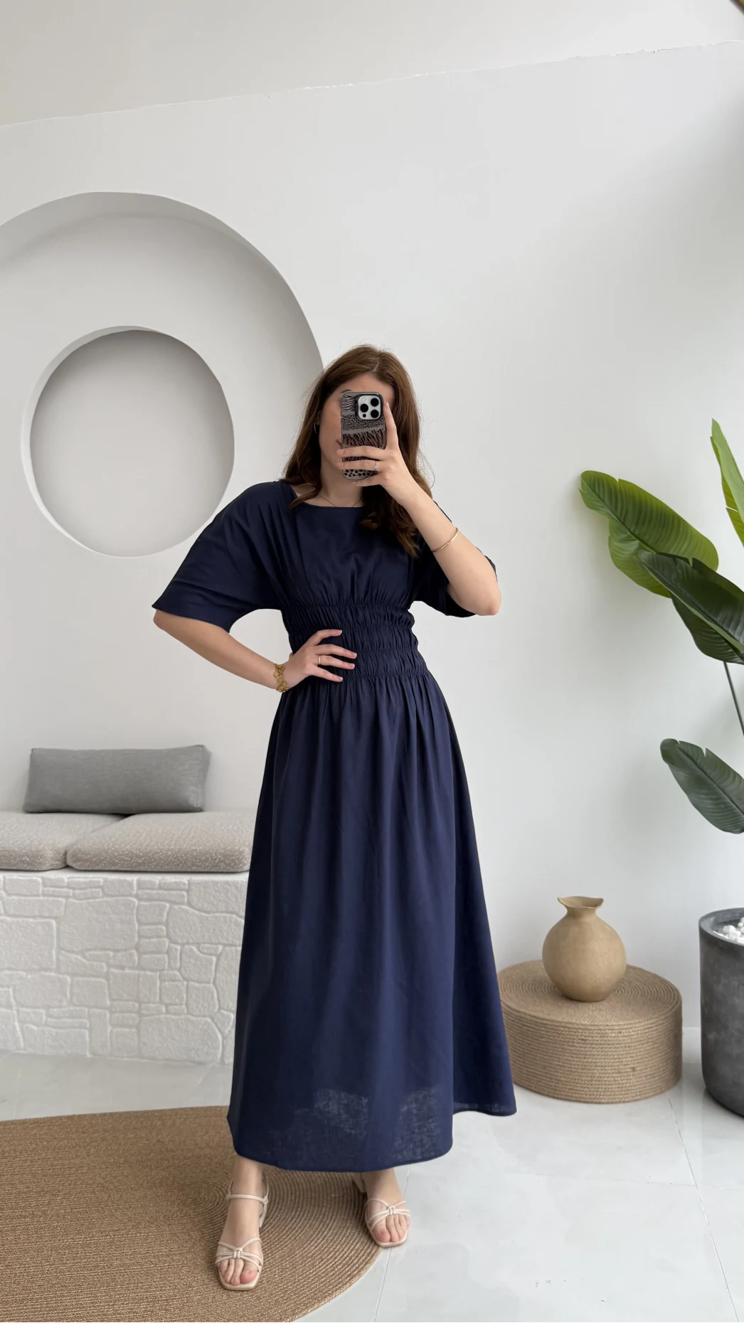 Peaches Keten Elbise - Lacivert