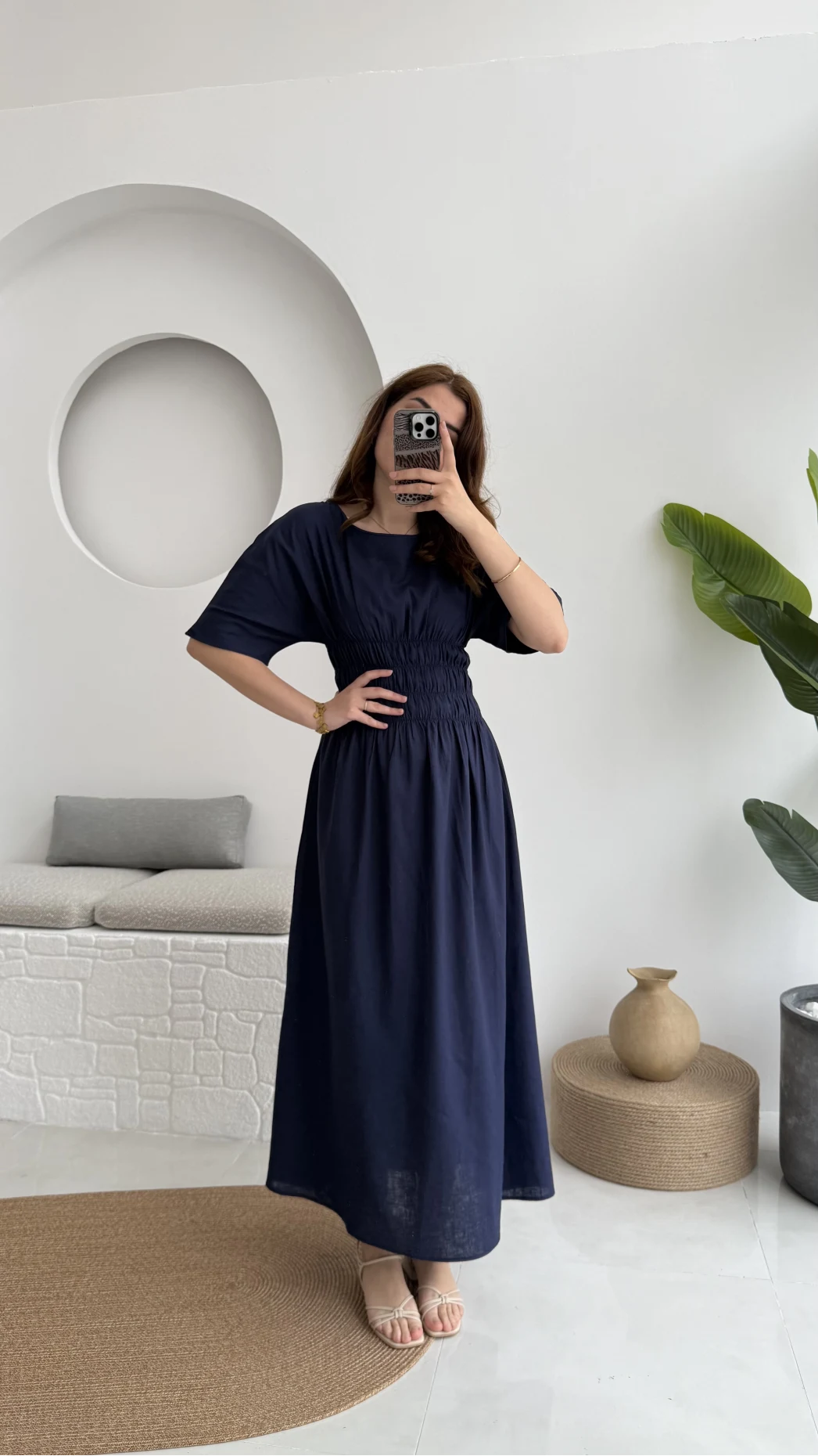 Peaches Keten Elbise - Lacivert