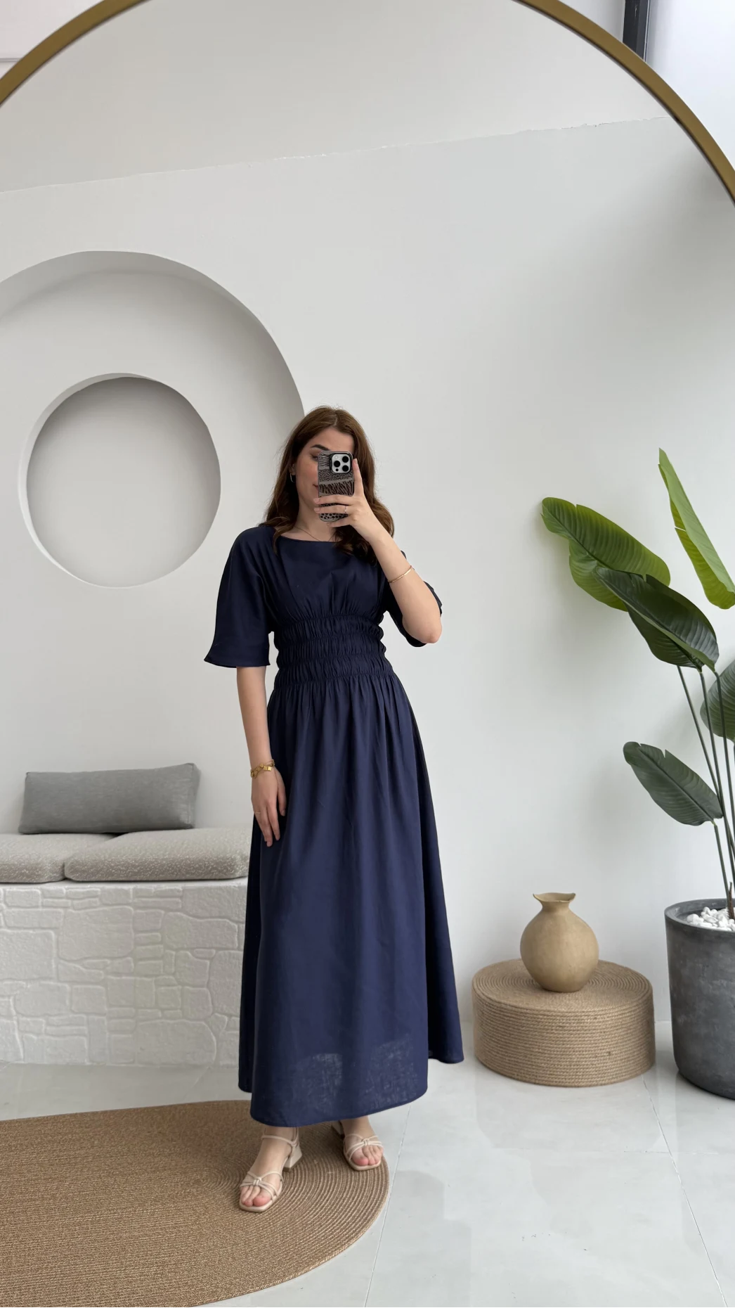 Peaches Keten Elbise - Lacivert