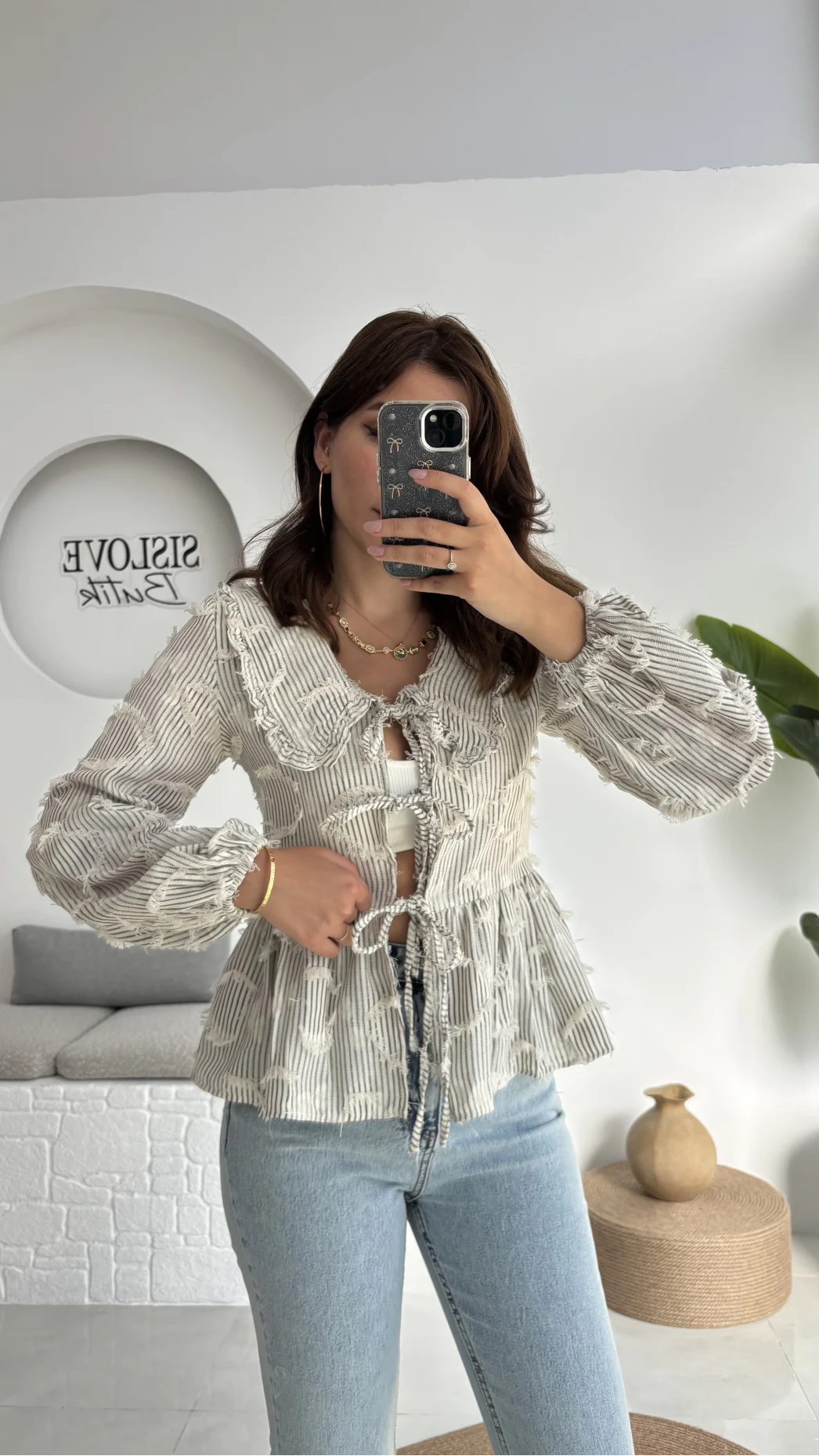 Pear Bebe Yaka Çizgili Bluz - Gri - 1035