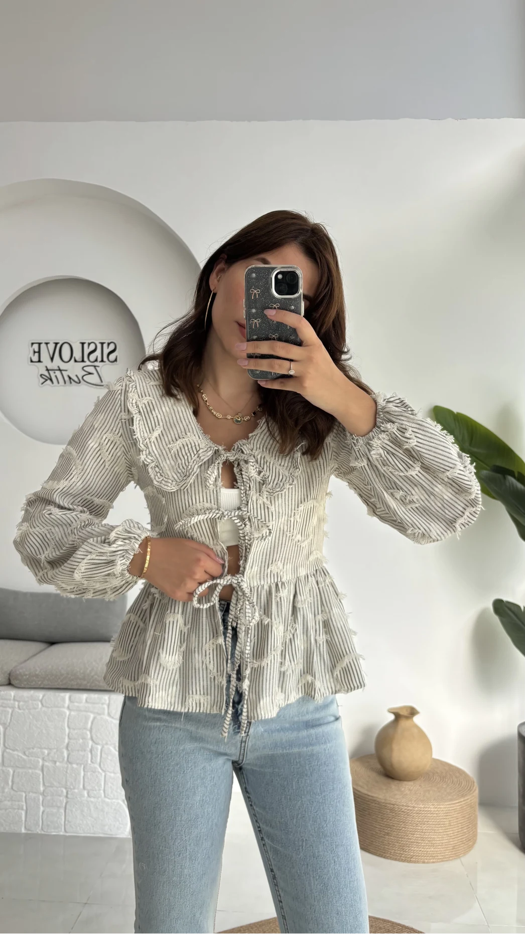 Pear Bebe Yaka Çizgili Bluz - Gri - 1035