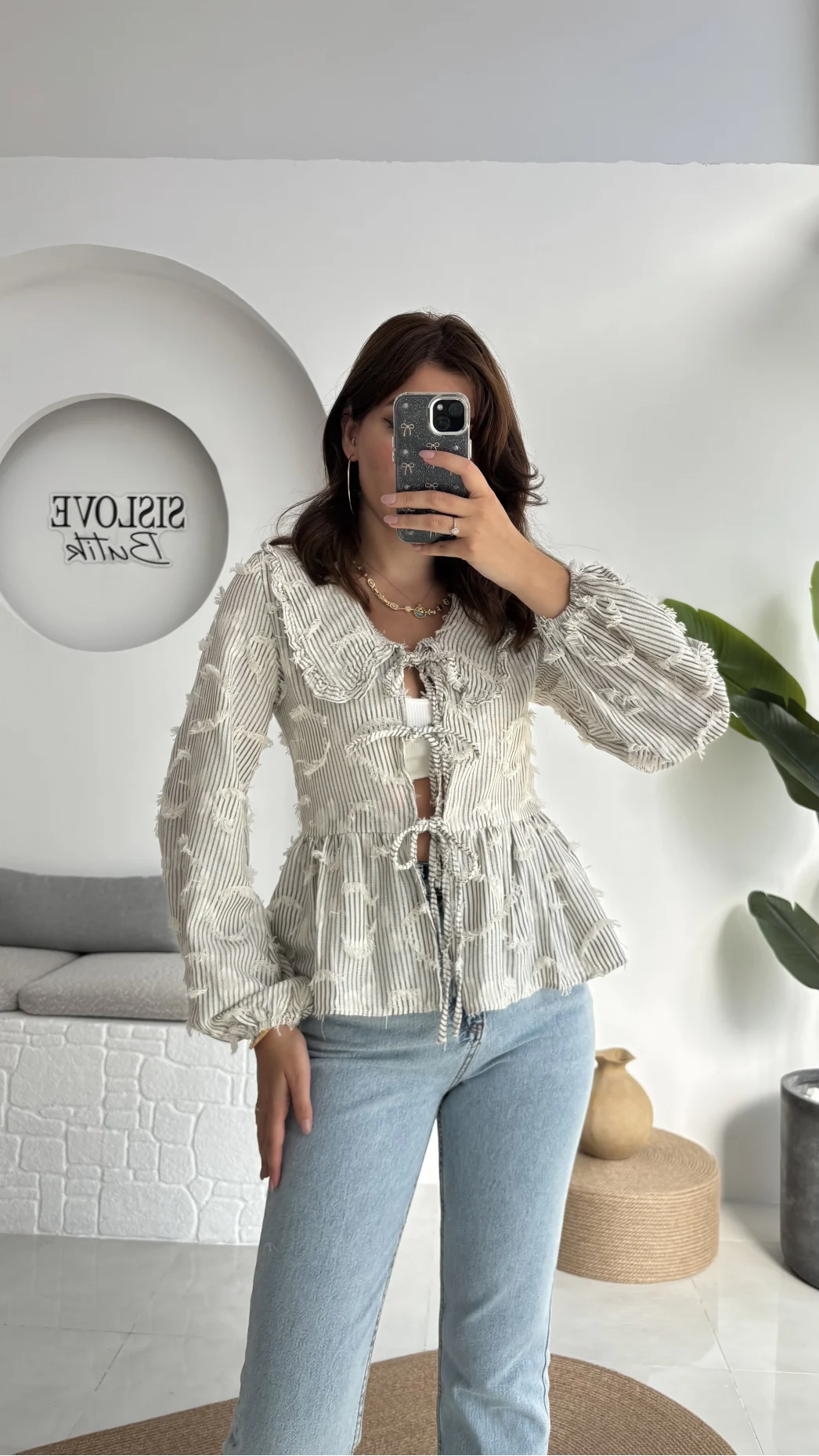 Pear Bebe Yaka Çizgili Bluz - Gri - 1035