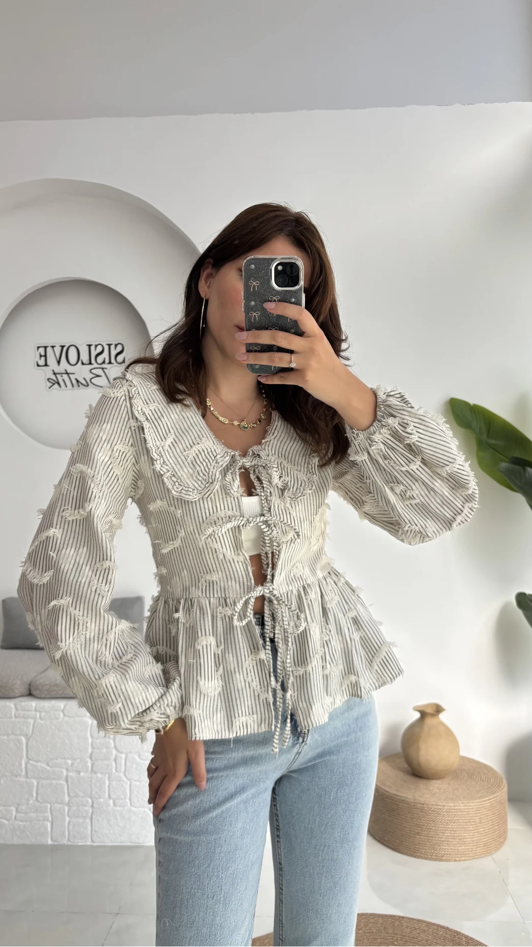 Pear Bebe Yaka Çizgili Bluz - Gri - 1035