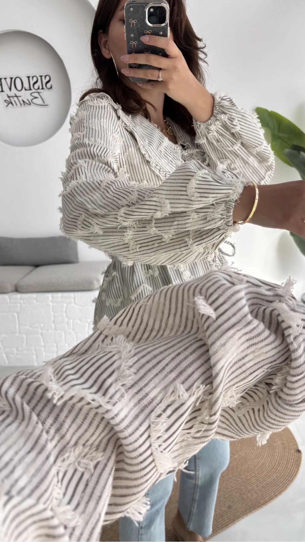 Pear Bebe Yaka Çizgili Bluz - Gri - 1035