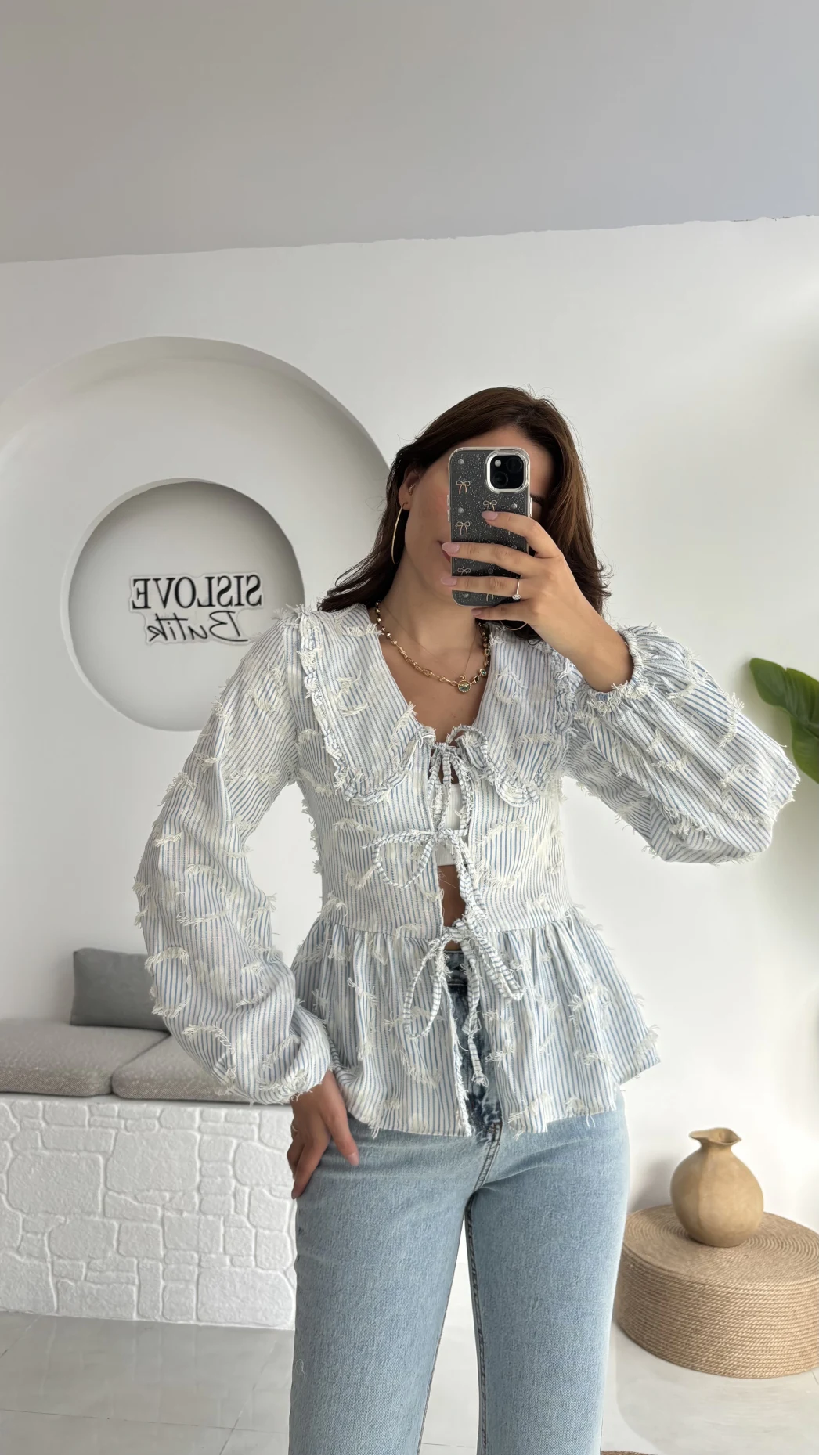 Pear Bebe Yaka Çizgili Bluz - Mavi - 1035