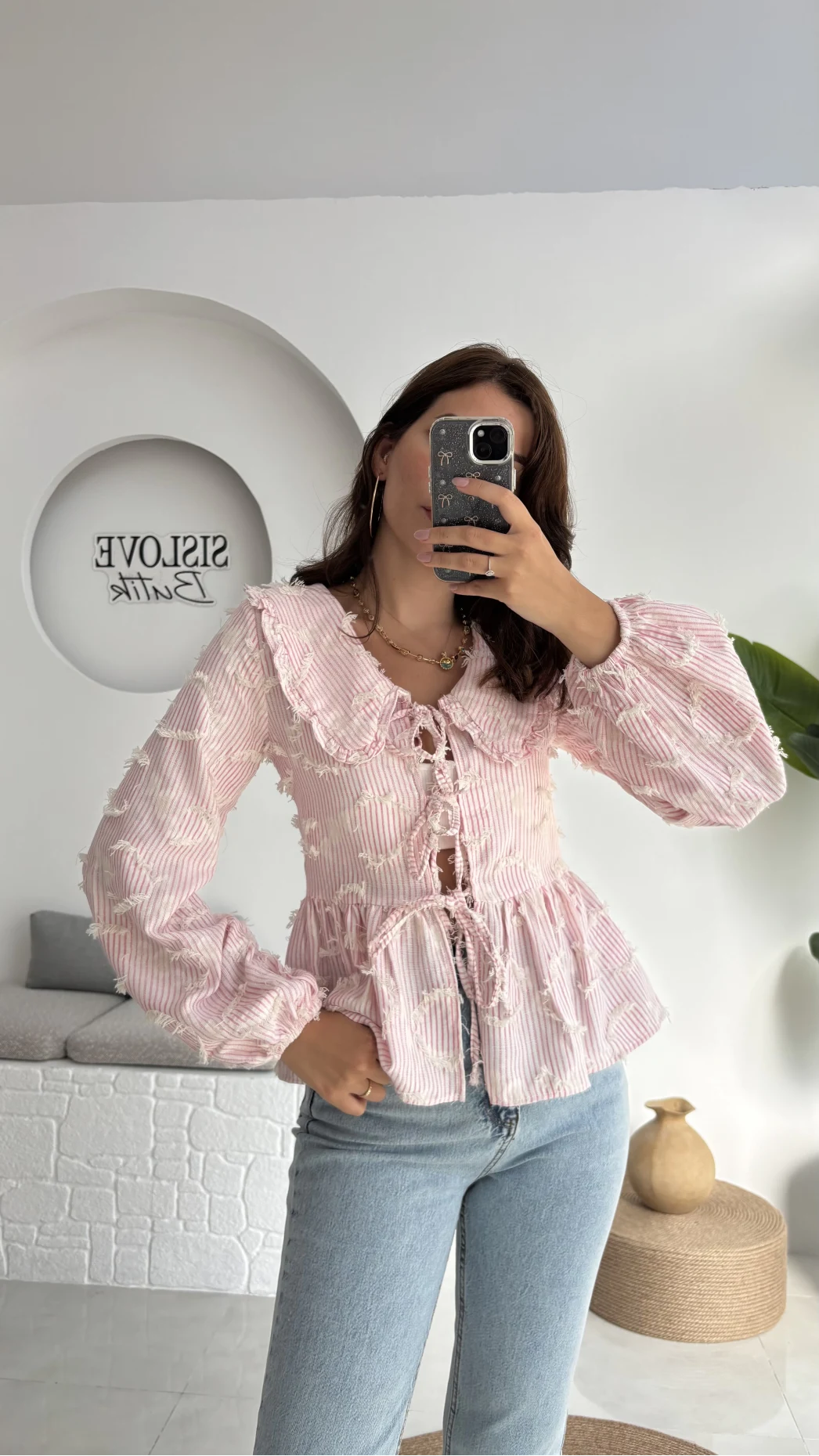 Pear Bebe Yaka Çizgili Bluz - Pembe - 1035