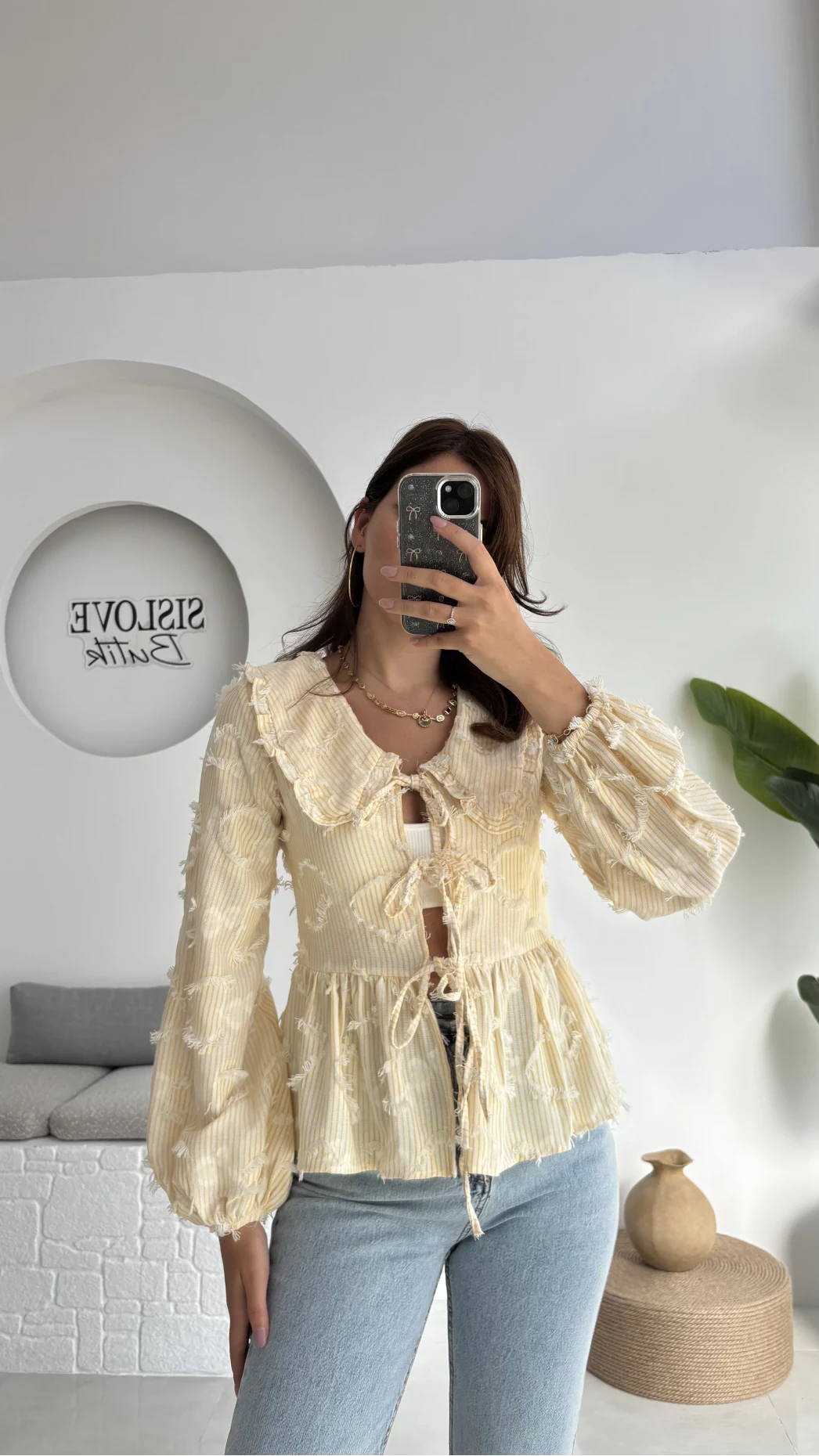 Pear Bebe Yaka Çizgili Bluz - Sarı - 1035