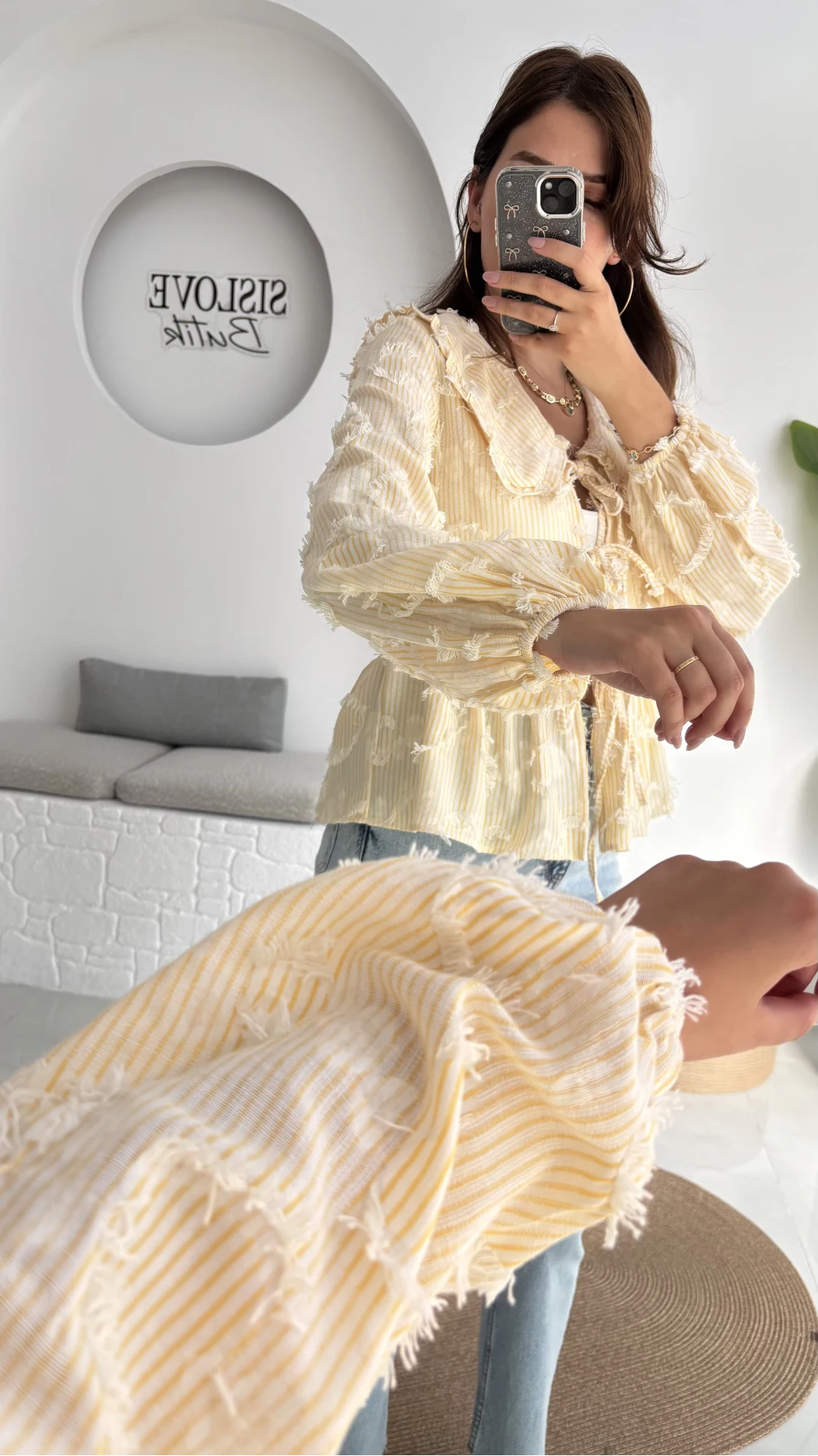 Pear Bebe Yaka Çizgili Bluz - Sarı - 1035