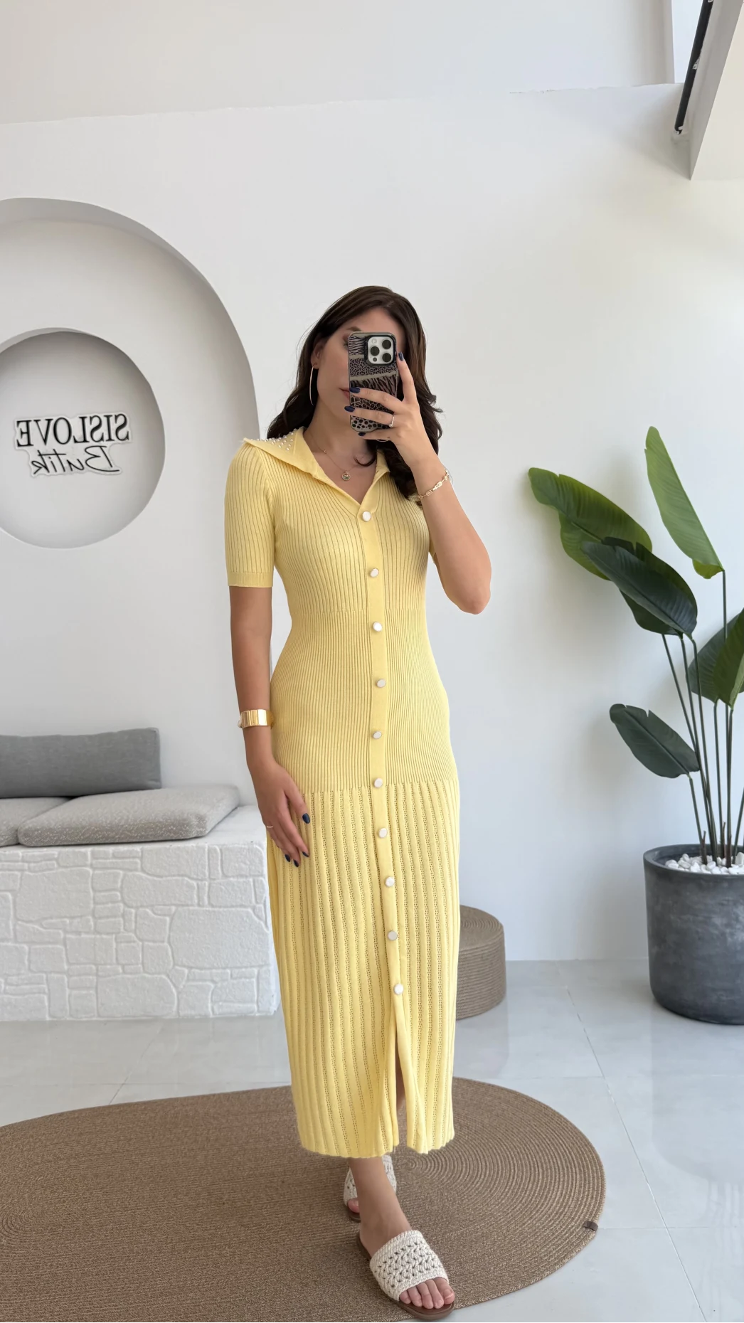 Pearl Yakası İnci Detay Elbise - Sarı