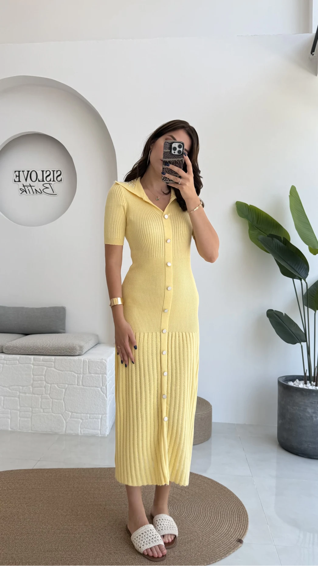 Pearl Yakası İnci Detay Elbise - Sarı