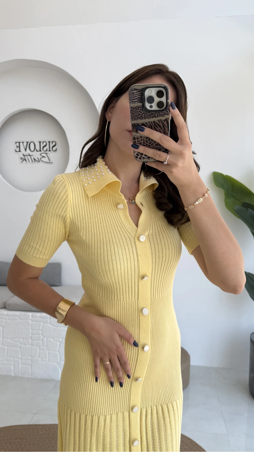 Pearl Yakası İnci Detay Elbise - Sarı