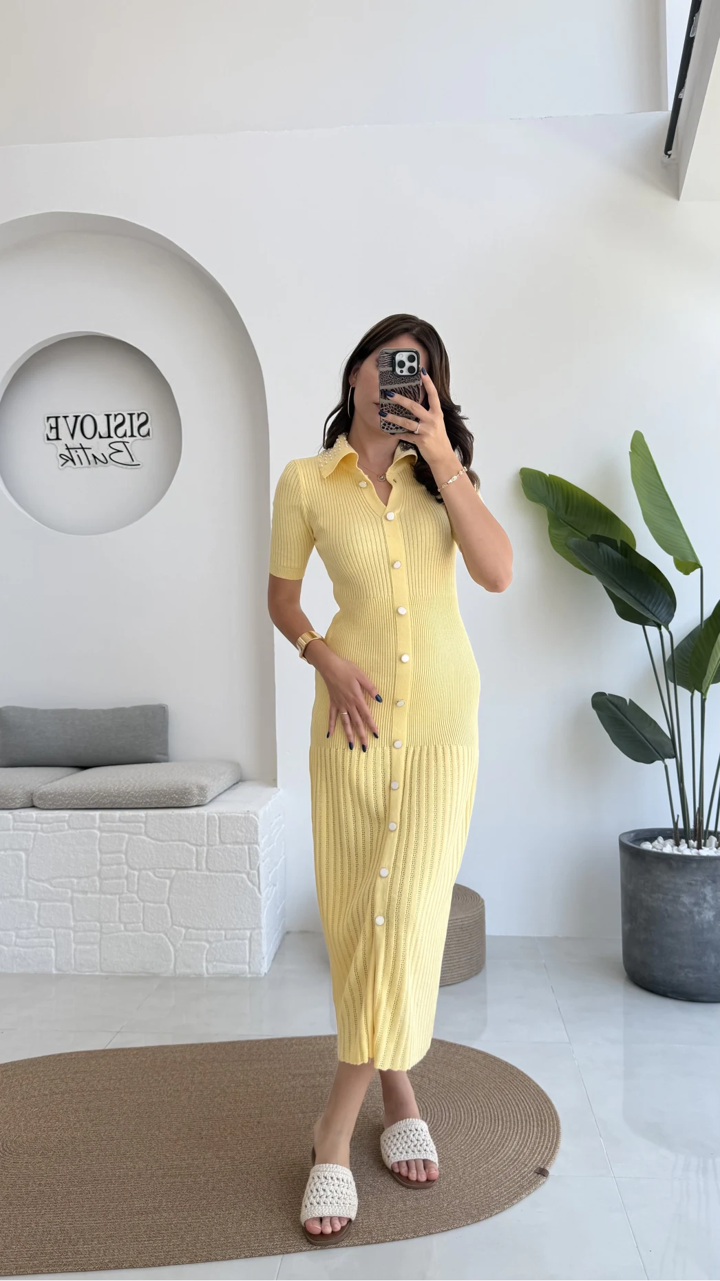 Pearl Yakası İnci Detay Elbise - Sarı