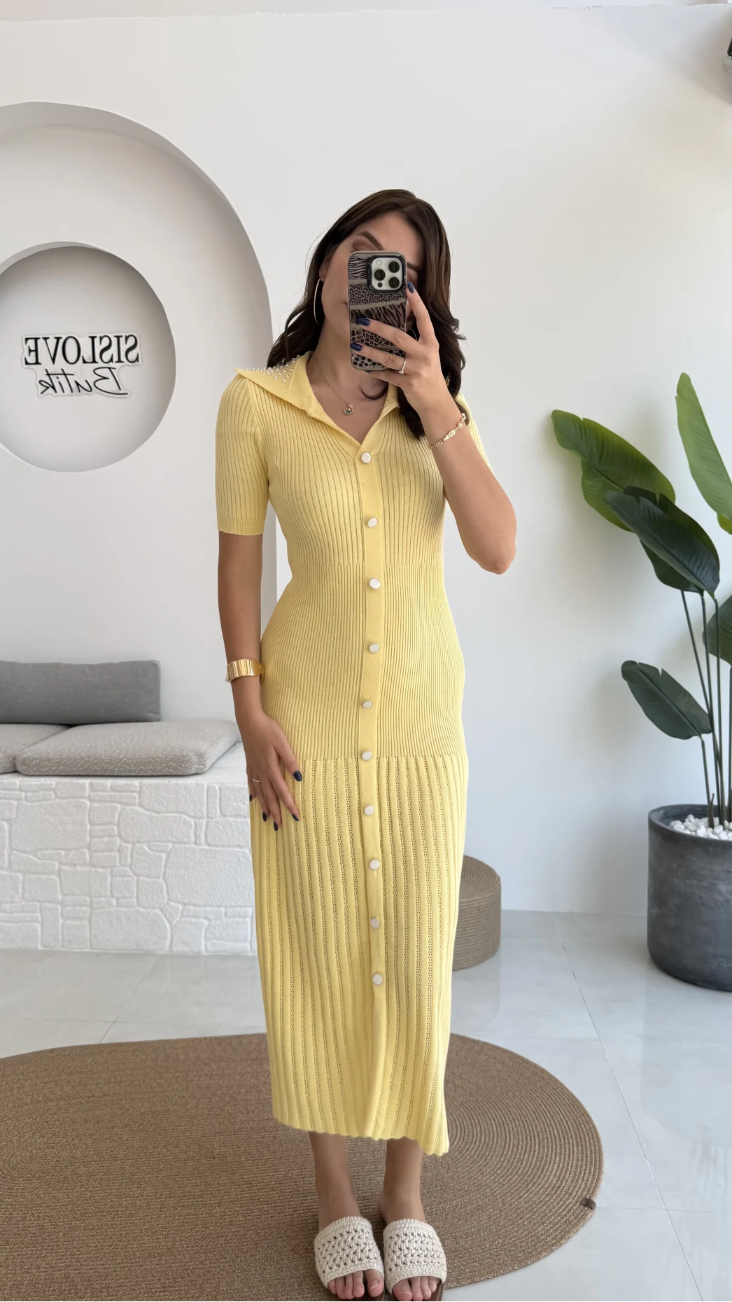 Pearl Yakası İnci Detay Elbise - Sarı