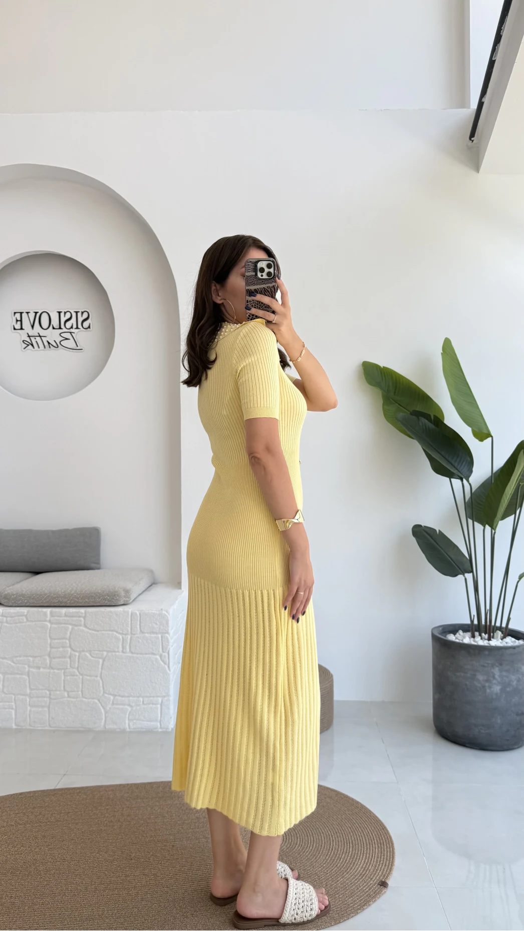 Pearl Yakası İnci Detay Elbise - Sarı