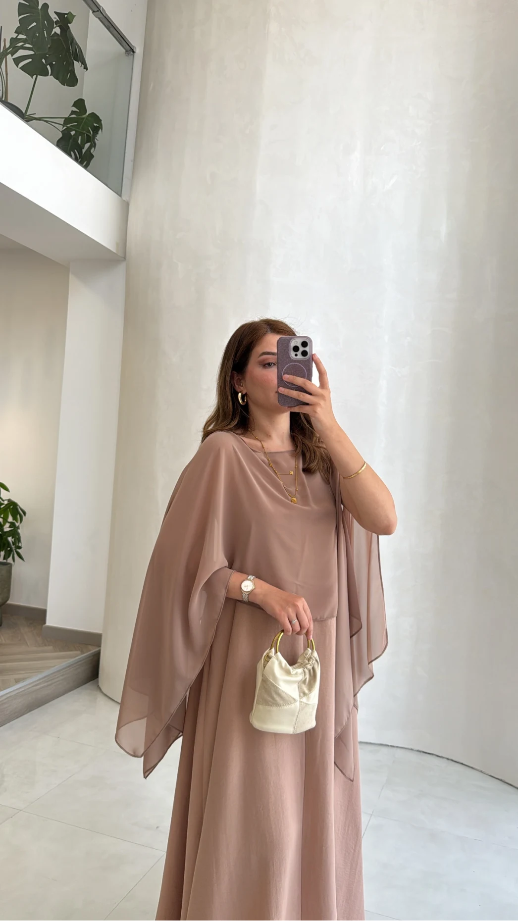 Pelerinli Askılı Elbise - Pudra - Kod: 3447