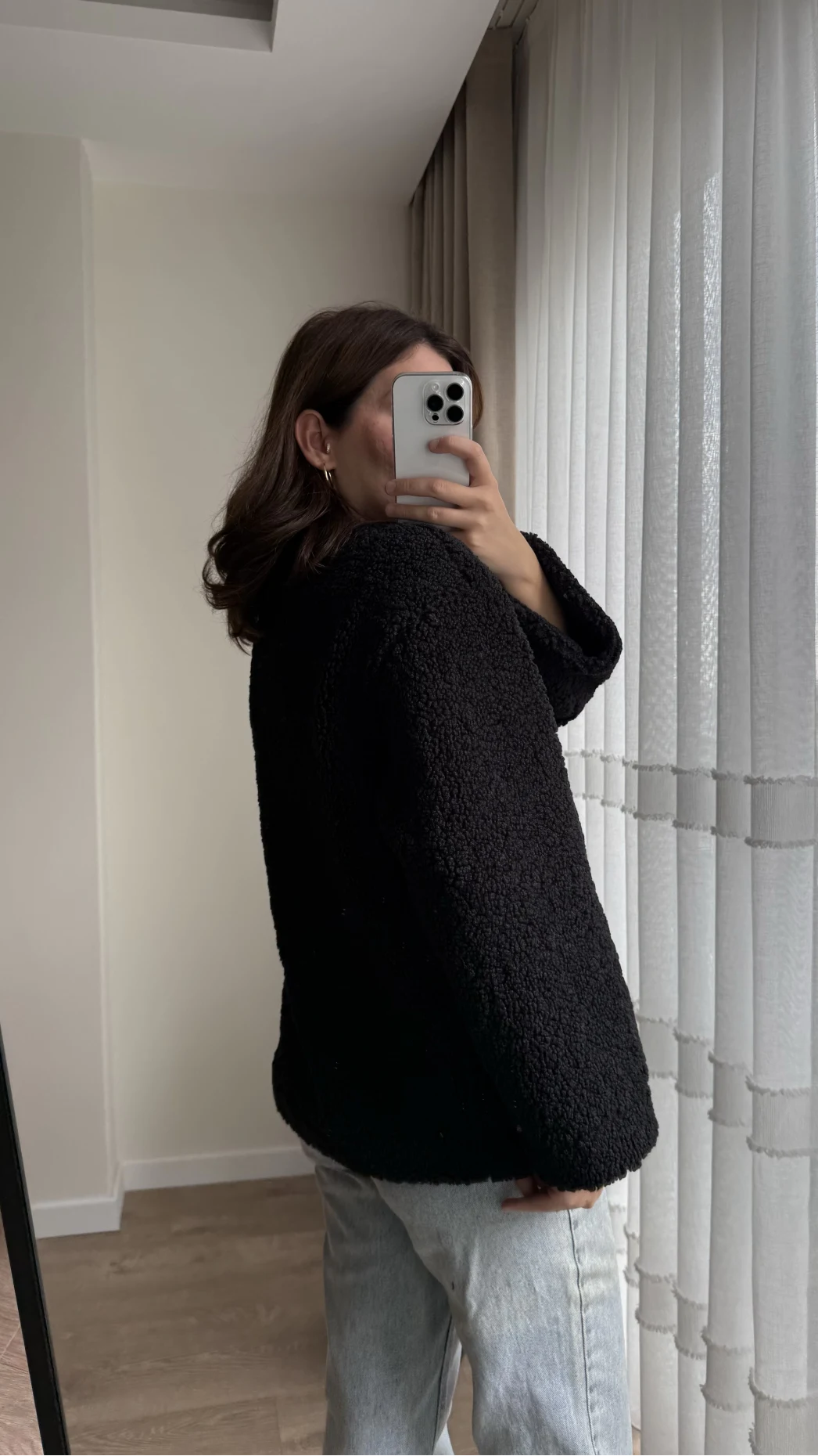 Peluş Bağlamalı Ceket Siyah