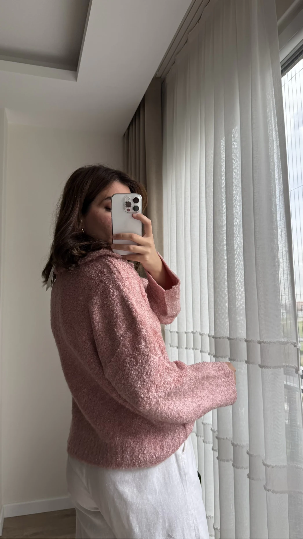 Peluş V Yaka Pembe Kazak