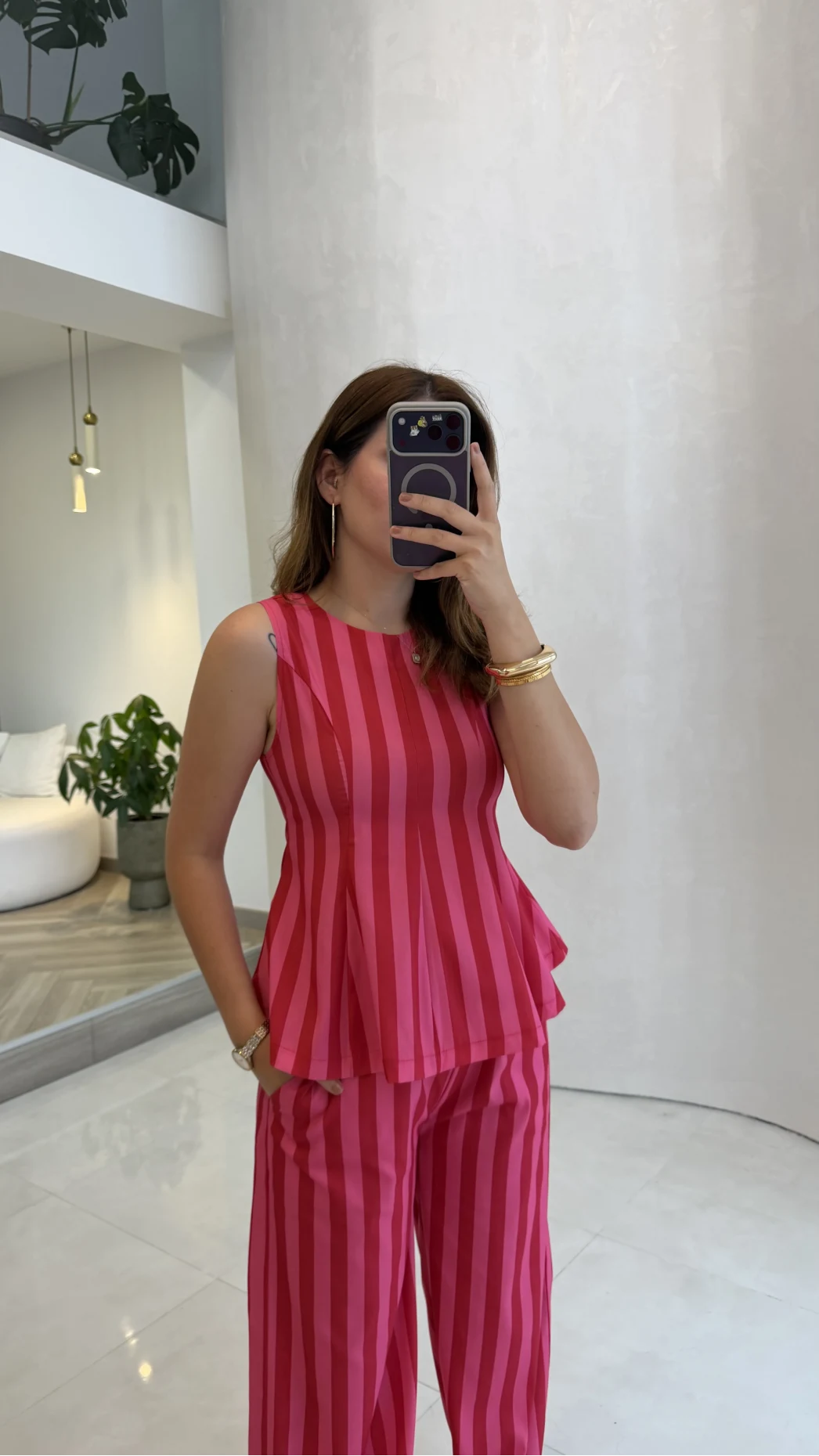 Pembe Kırmızı Çizgili Bluz Pantolon Takım