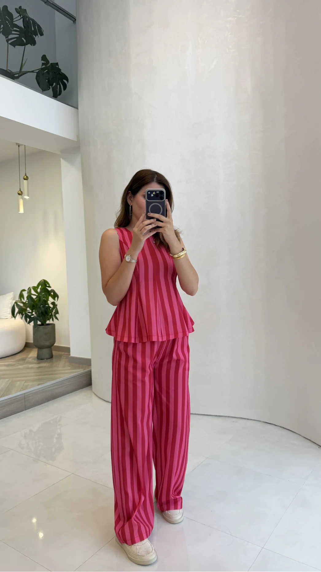 Pembe Kırmızı Çizgili Bluz Pantolon Takım