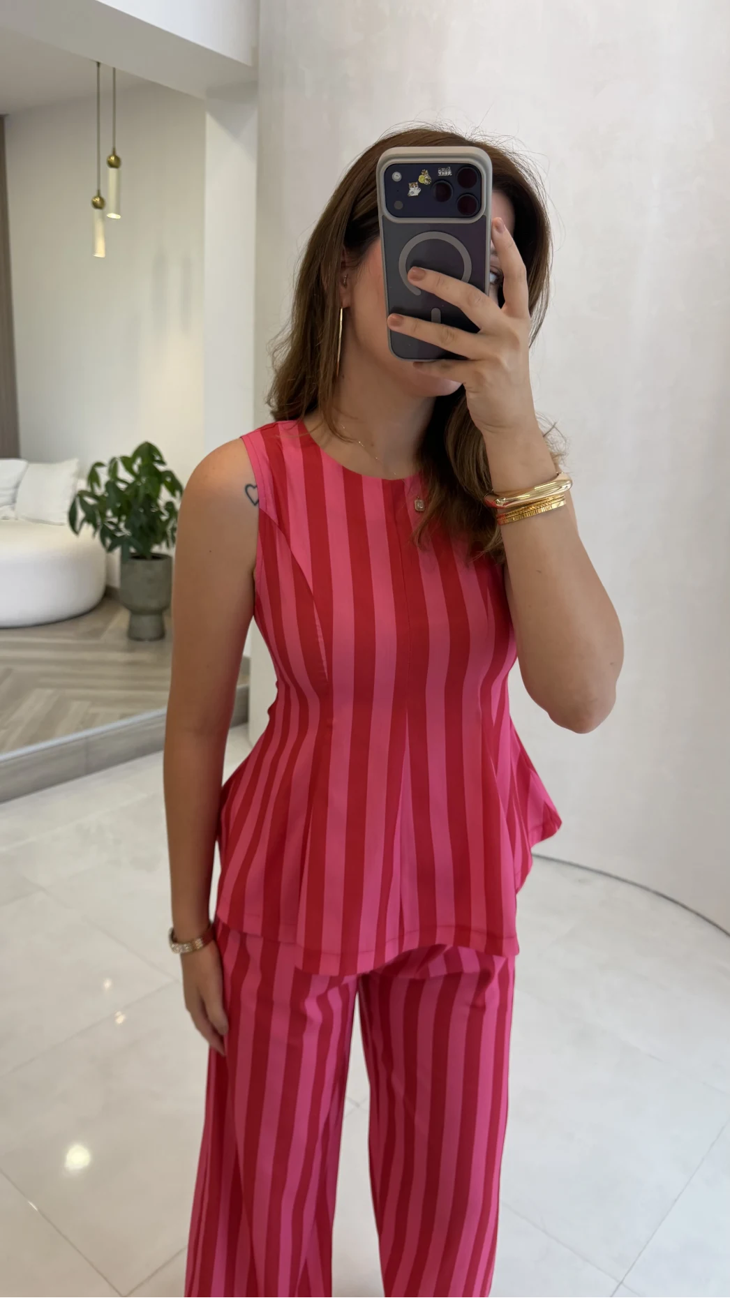 Pembe Kırmızı Çizgili Bluz Pantolon Takım