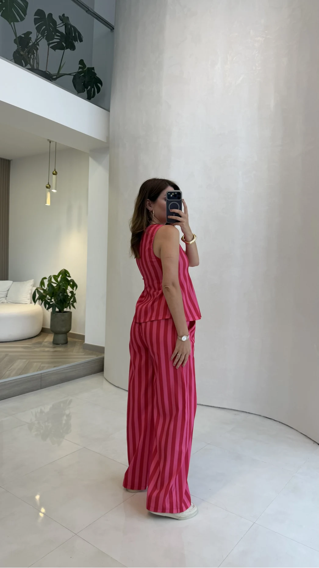 Pembe Kırmızı Çizgili Bluz Pantolon Takım