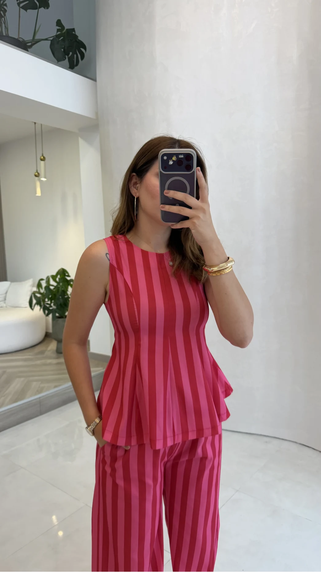 Pembe Kırmızı Çizgili Bluz Pantolon Takım