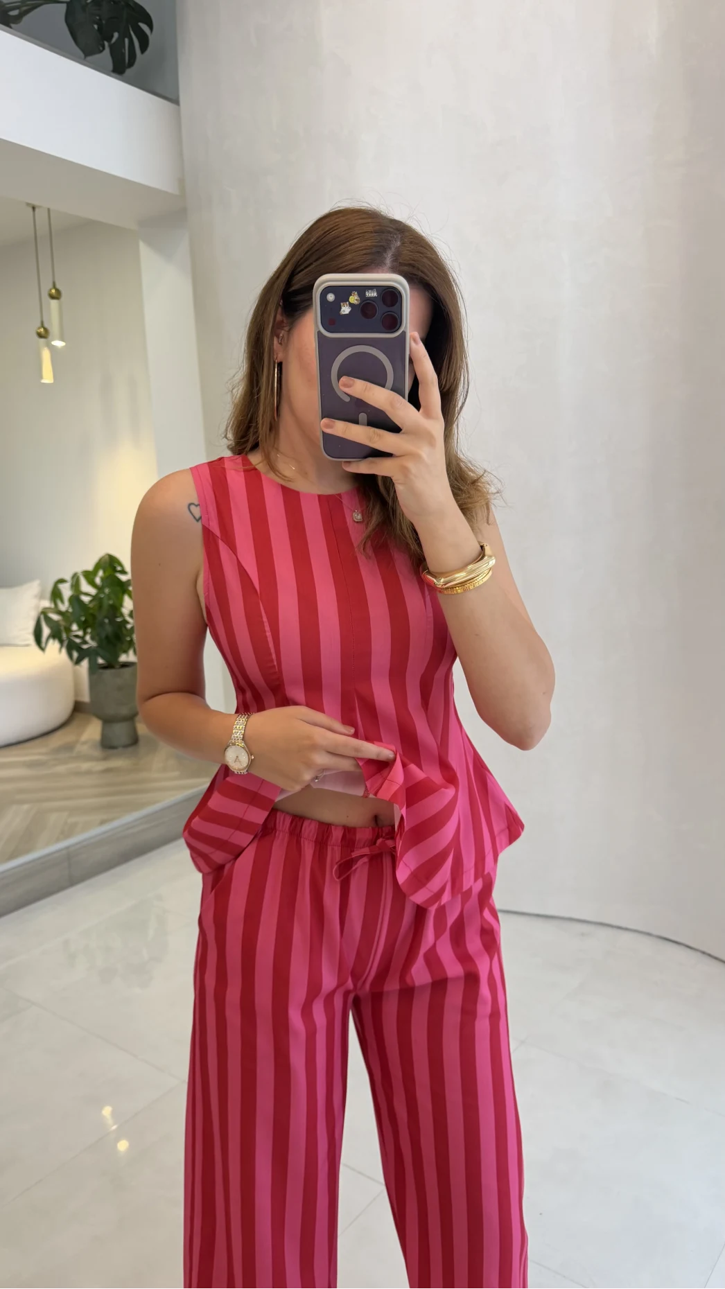 Pembe Kırmızı Çizgili Bluz Pantolon Takım