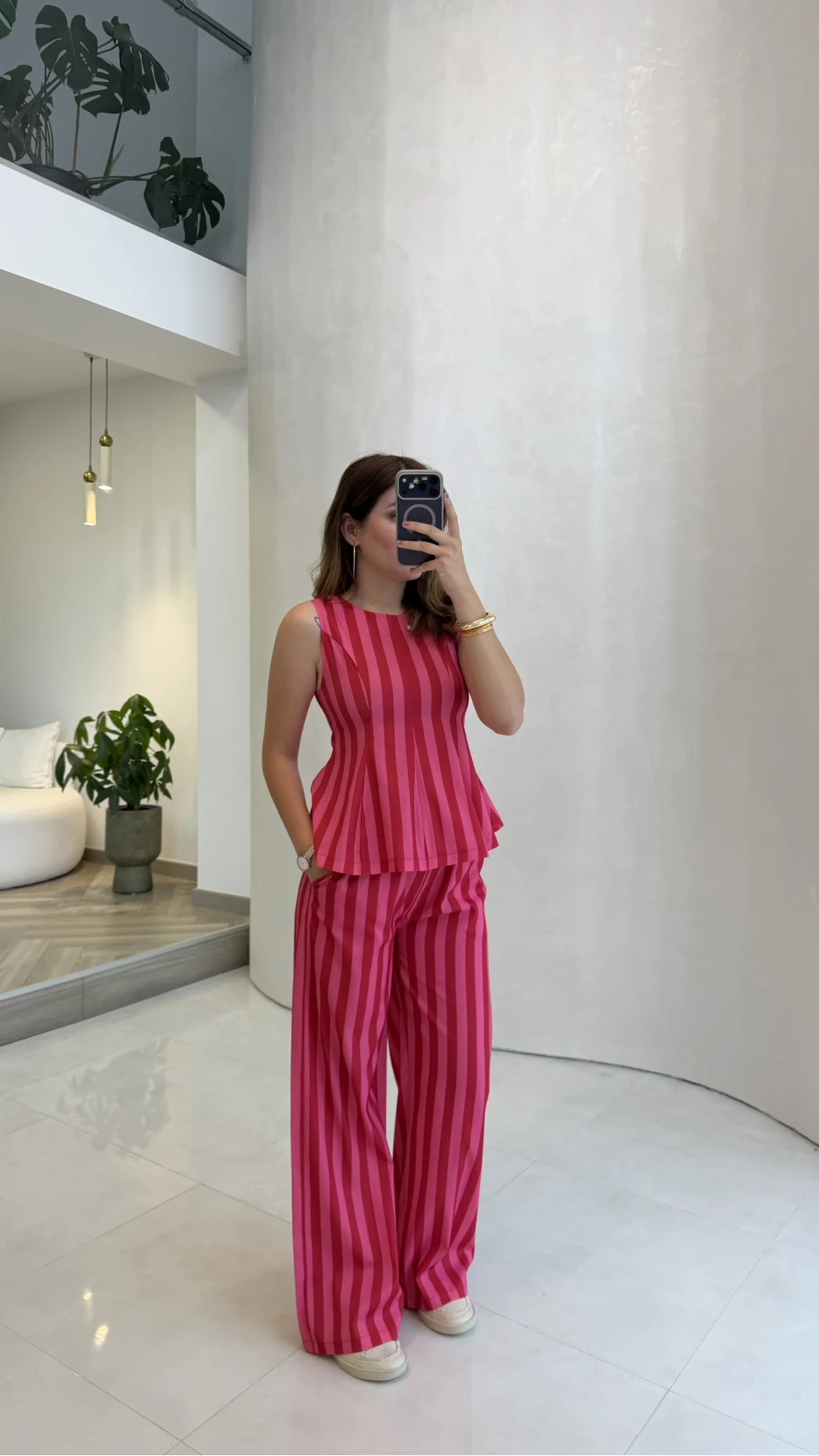 Pembe Kırmızı Çizgili Bluz Pantolon Takım