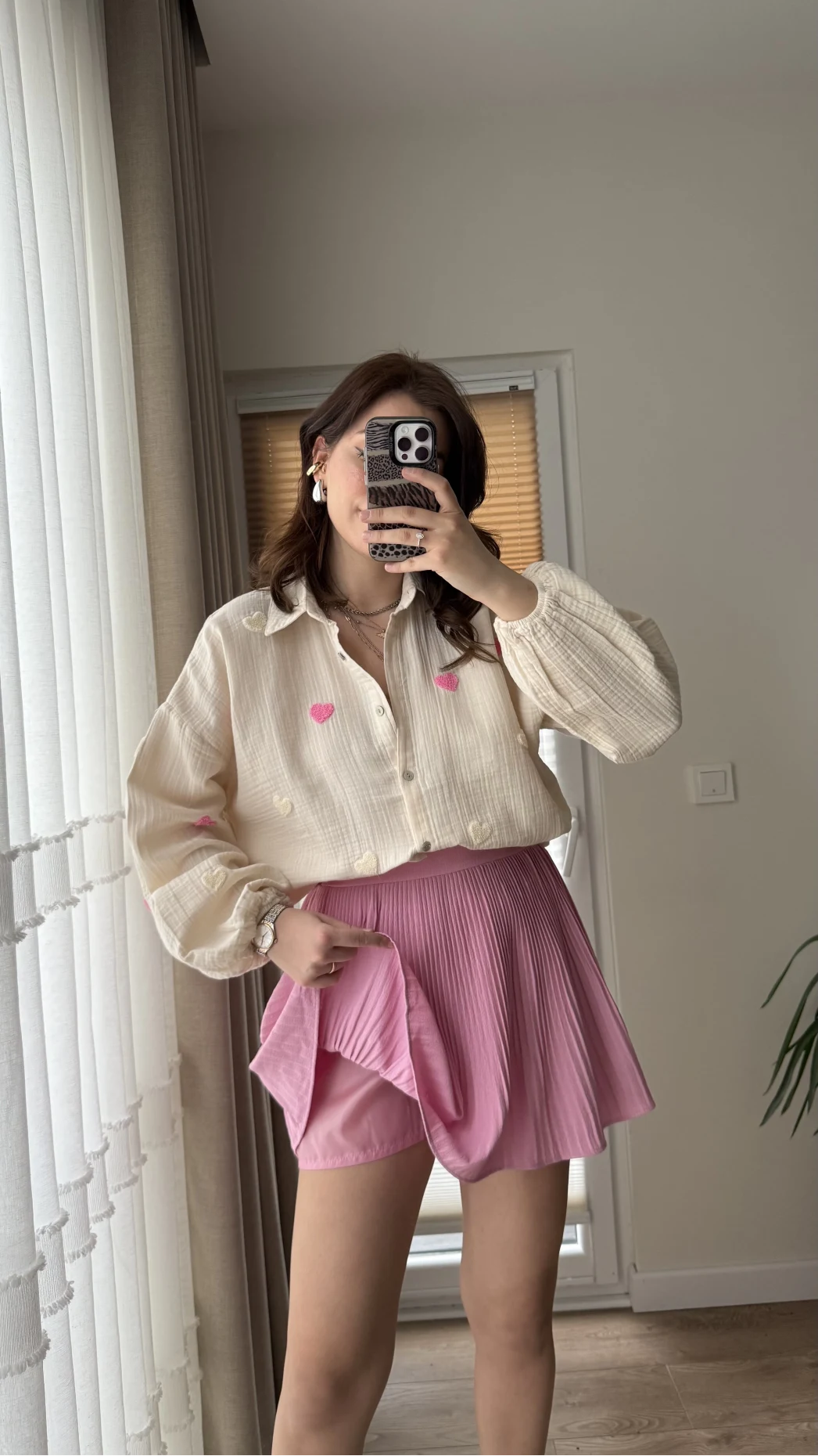 Pembe Pileli Mini Şort Etek