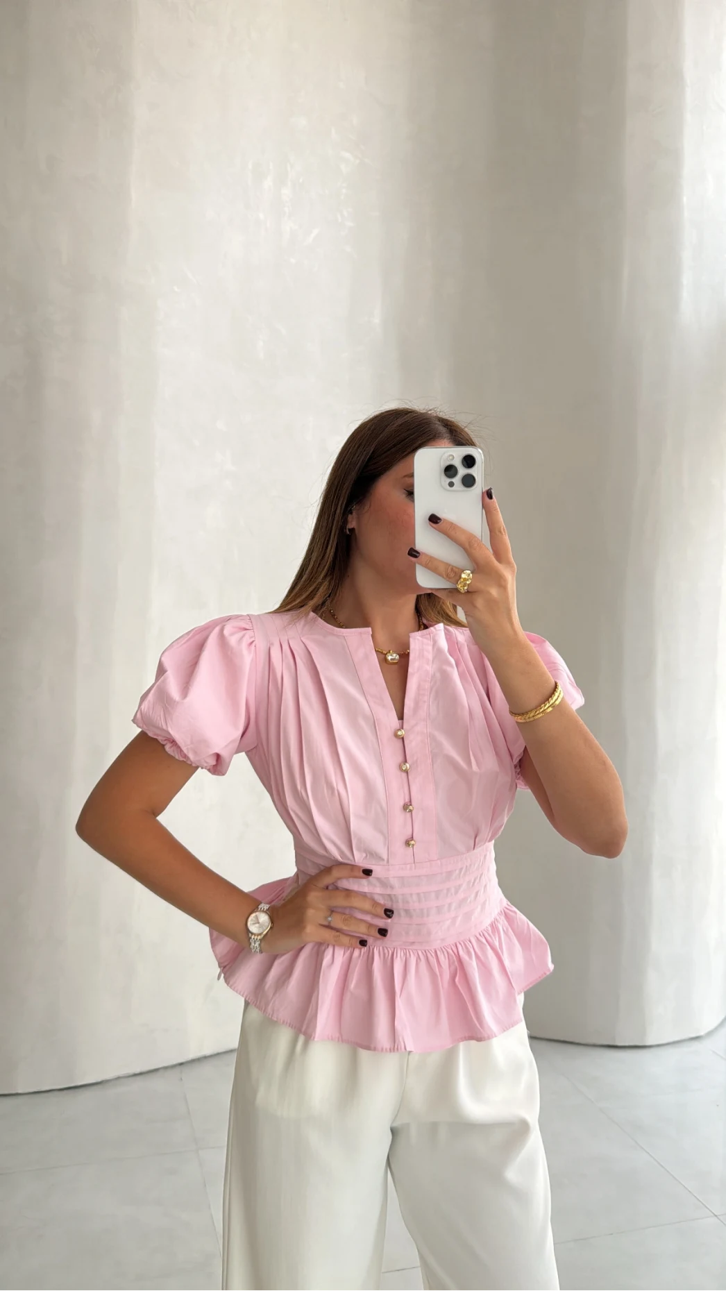 Penny Balon Kol Pileli Bluz - Pembe - Kod: 1107