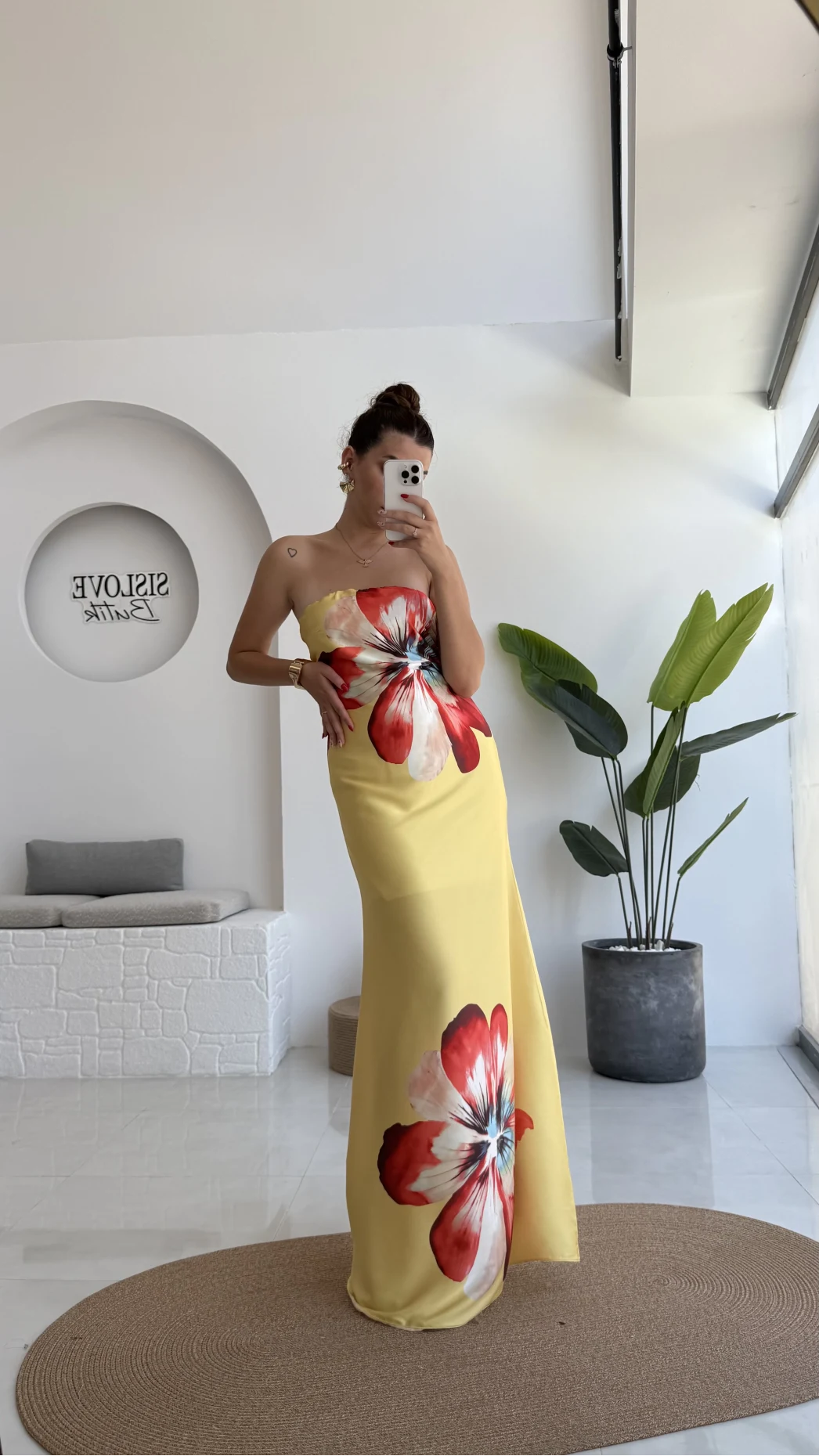 Peony Sarı Straplez Saten Elbise